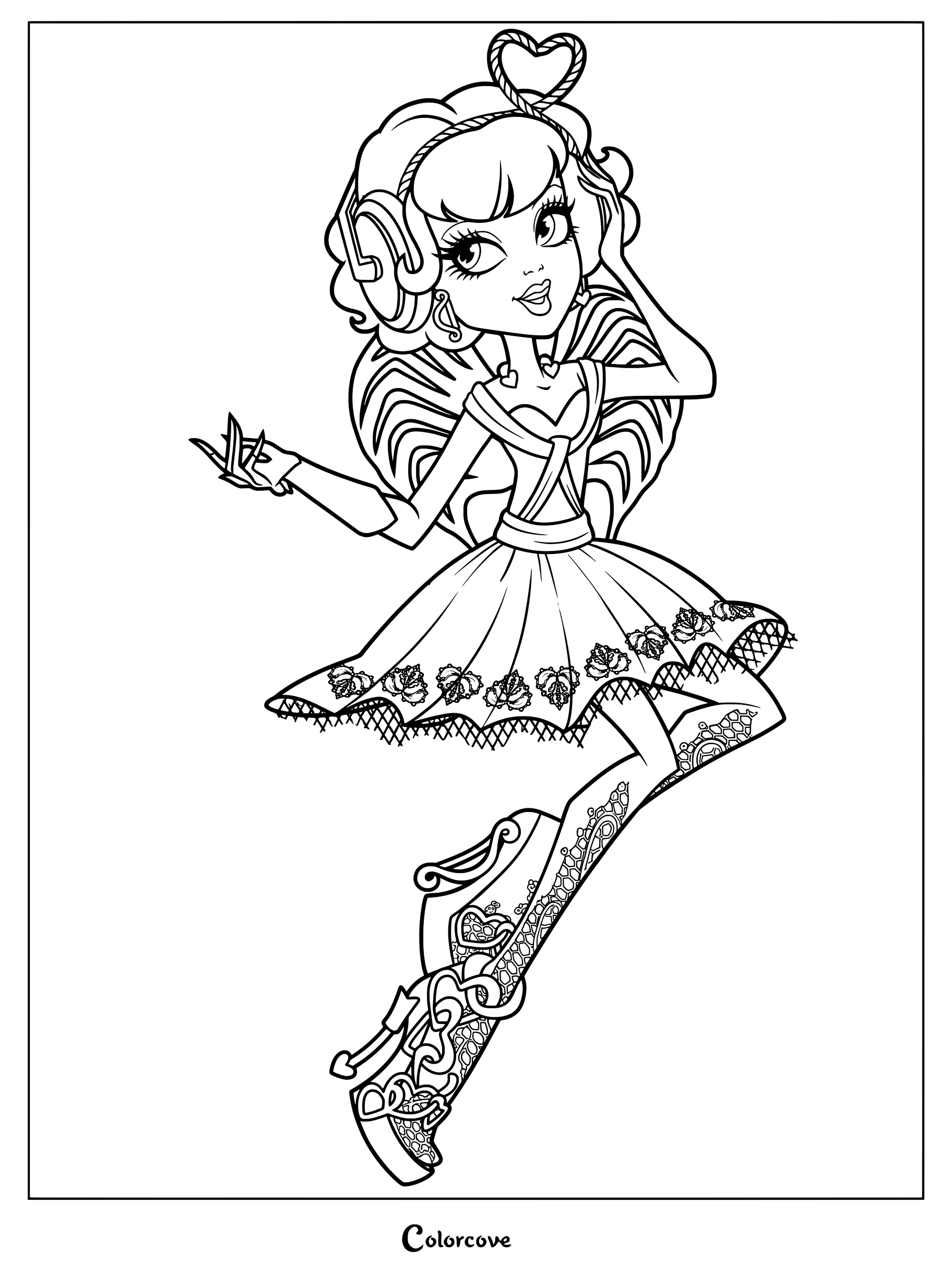 Dibujo para colorear de C.A. Cupid de Monster High con alas emplumadas y diadema de corazón.