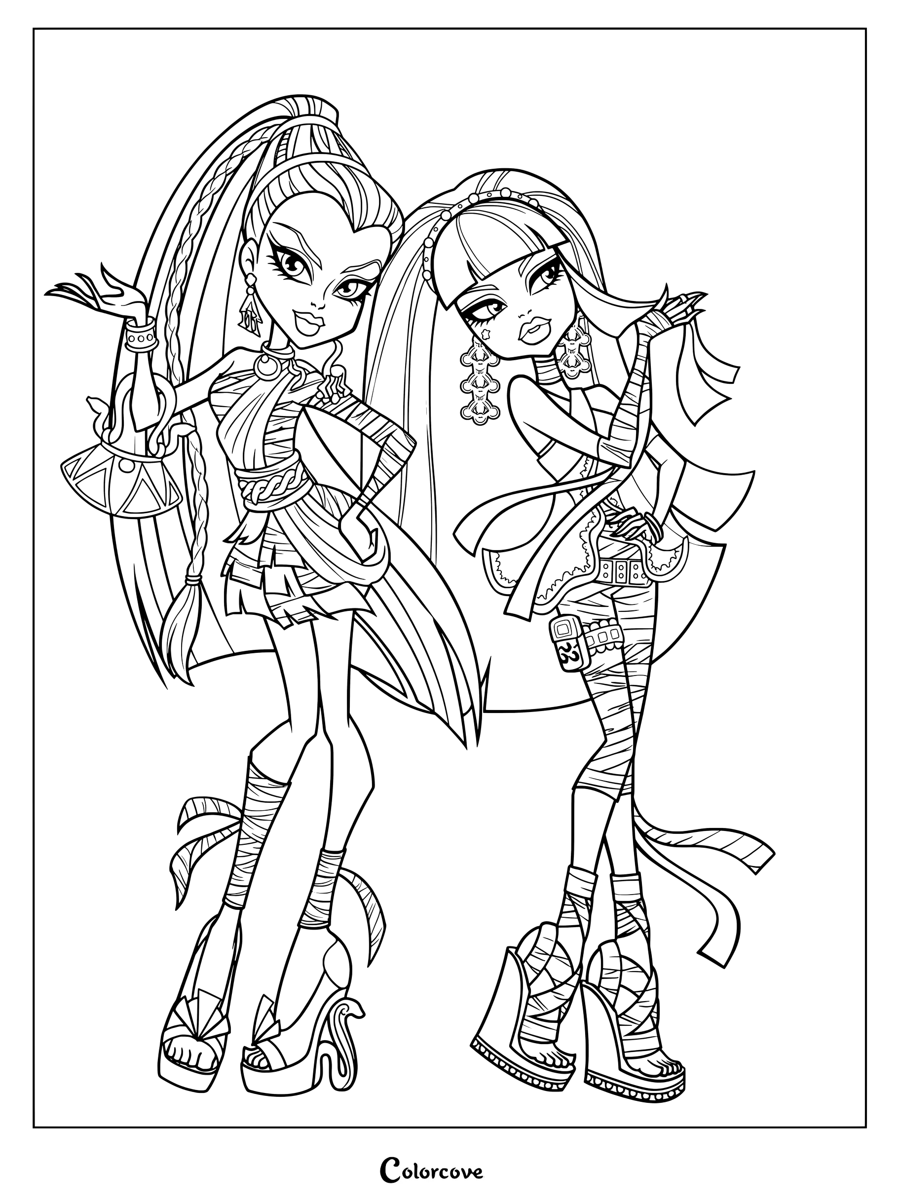 Página para colorear de Monster High con las hermanas momia reales Nefera de Nile y Cleo de Nile.