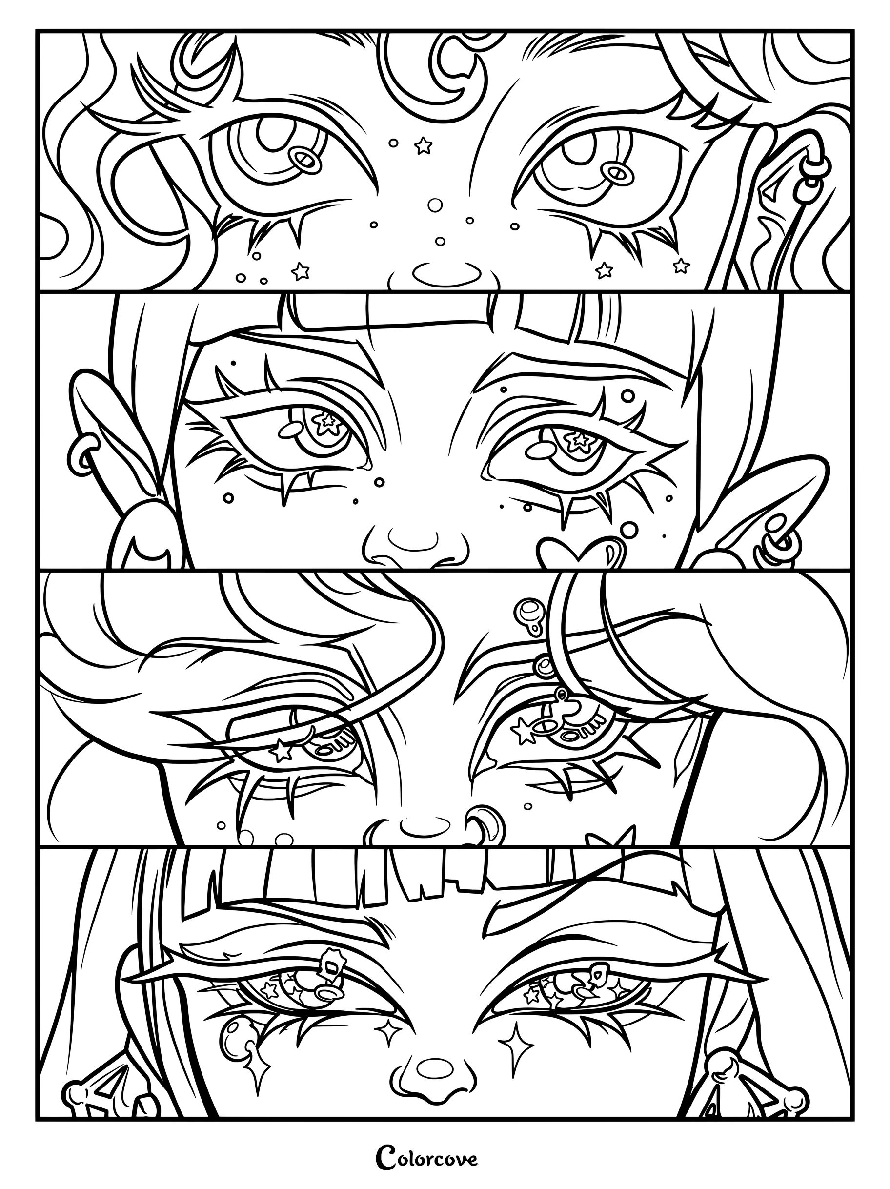 Dibujo para colorear de Monster High con primeros planos de ojos de Lagoona Blue, Draculaura, Clawdeen Wolf y Cleo de Nile.