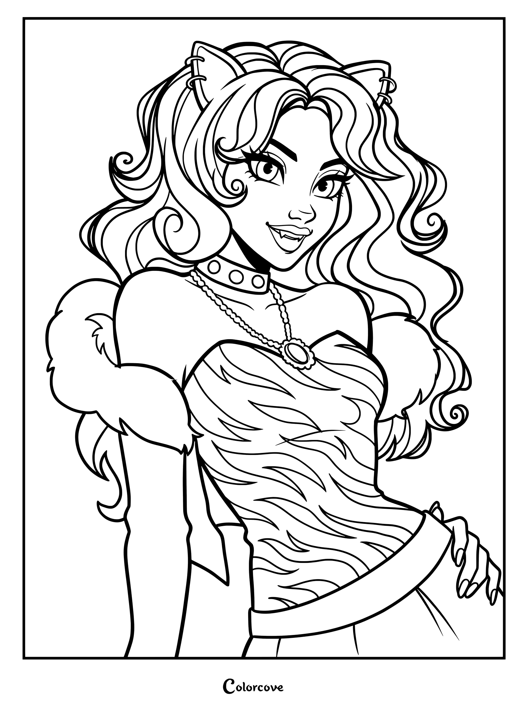 Ilustración digital de fan art de Clawdeen Wolf de Monster High diseñada como una página para colorear imprimible.