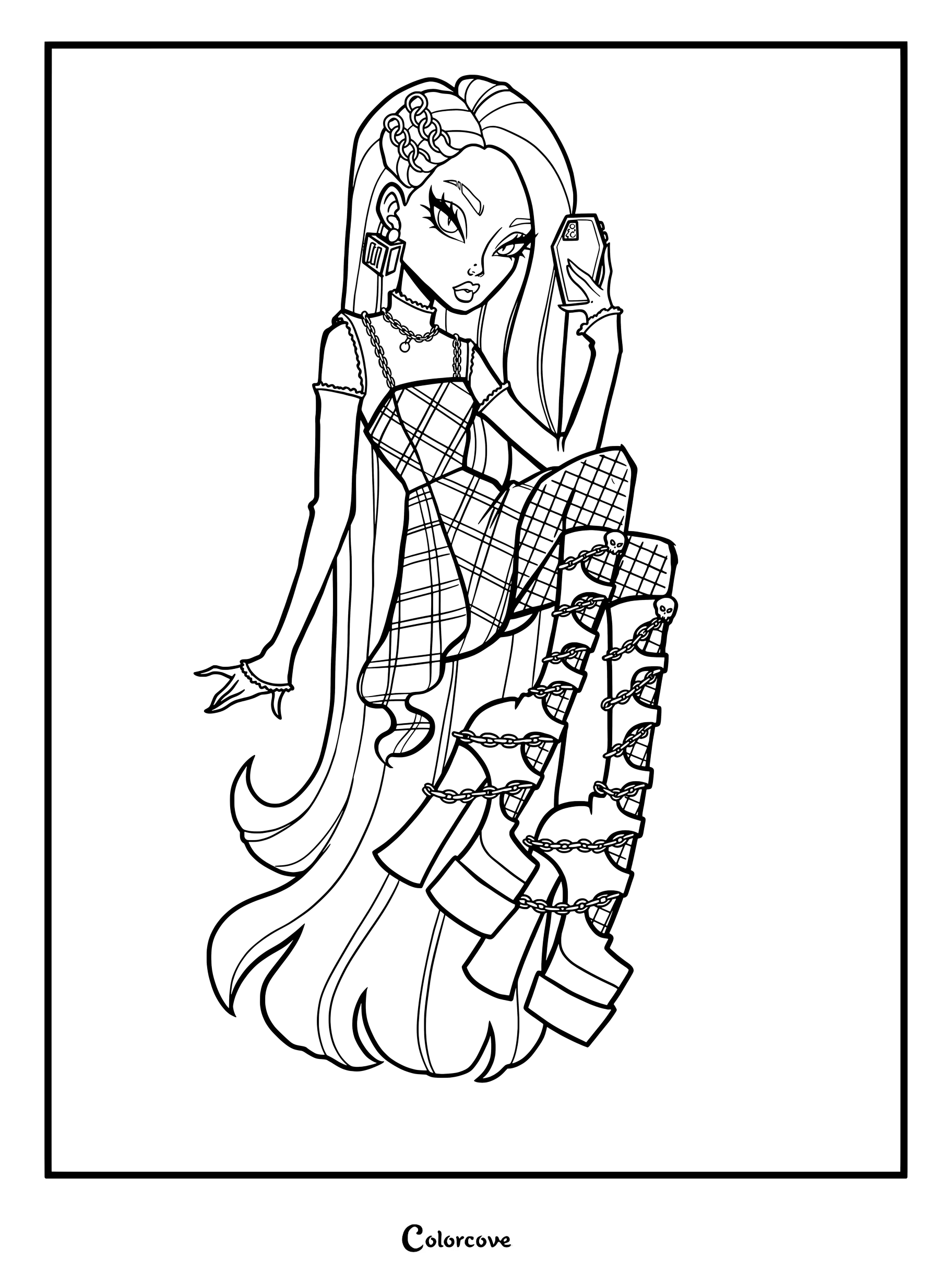 Dibujo para colorear de Monster High con un rediseño de fan art de Spectra Vondergeist haciéndose un selfie.