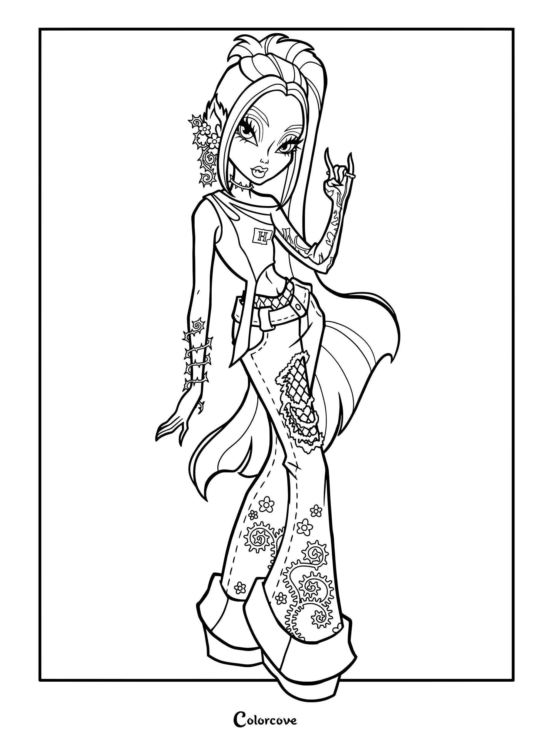 Dibujo para colorear de Monster High con un rediseño de fan art de Venus McFlytrap posando.