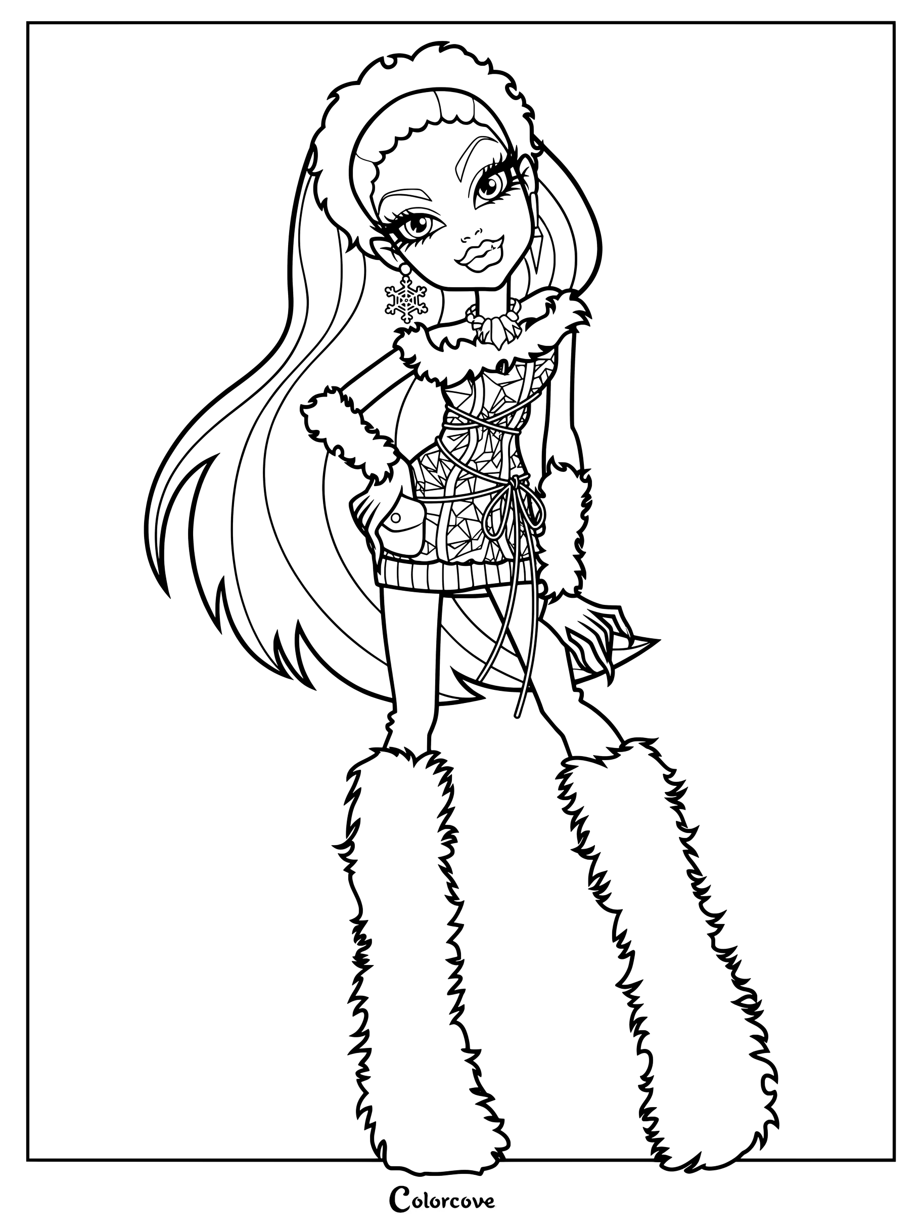 Dibujo para colorear de Abbey Bominable de Monster High con su piel azul característica, cabello con mechas rosa y azul hielo, y calentadores blancos afelpados.