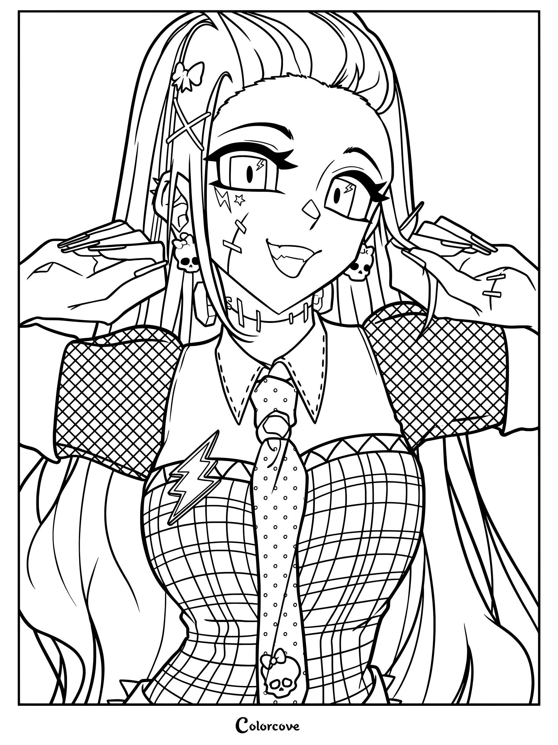 Página para colorear de fan art digital al estilo anime de Frankie Stein de Monster High