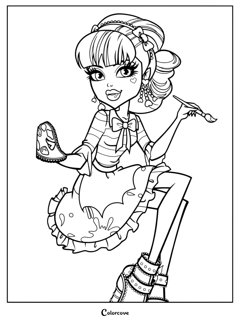 Coloriage Monster High présentant Draculaura tenant un pinceau et une palette de peinture.