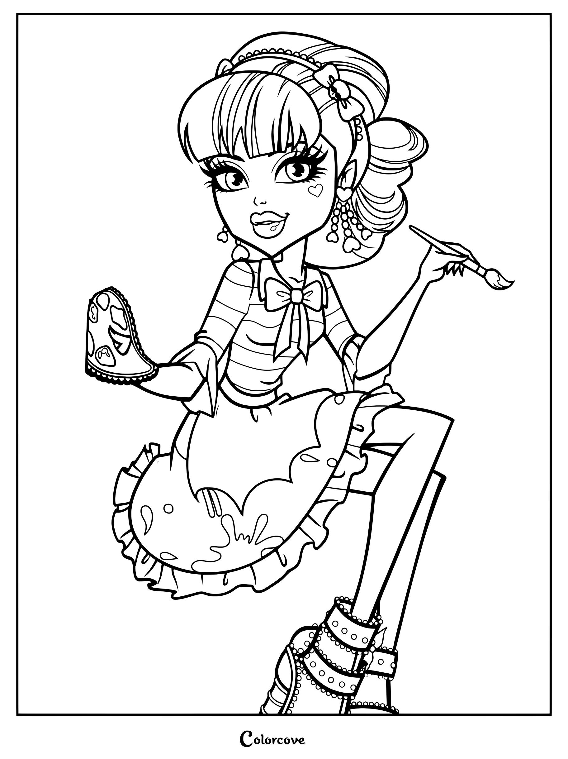 Página para colorear de Monster High con Draculaura sosteniendo un pincel y una paleta de pintura.