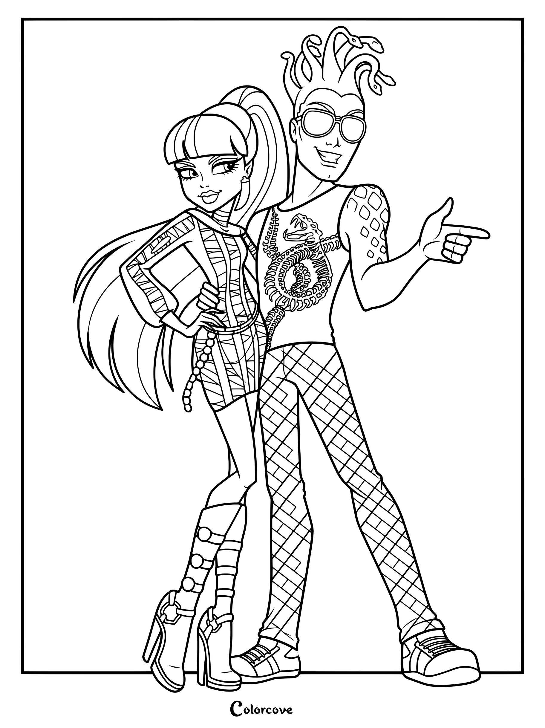 Página para colorear de Monster High con Cleo de Nile y Deuce Gorgon posando juntos.
