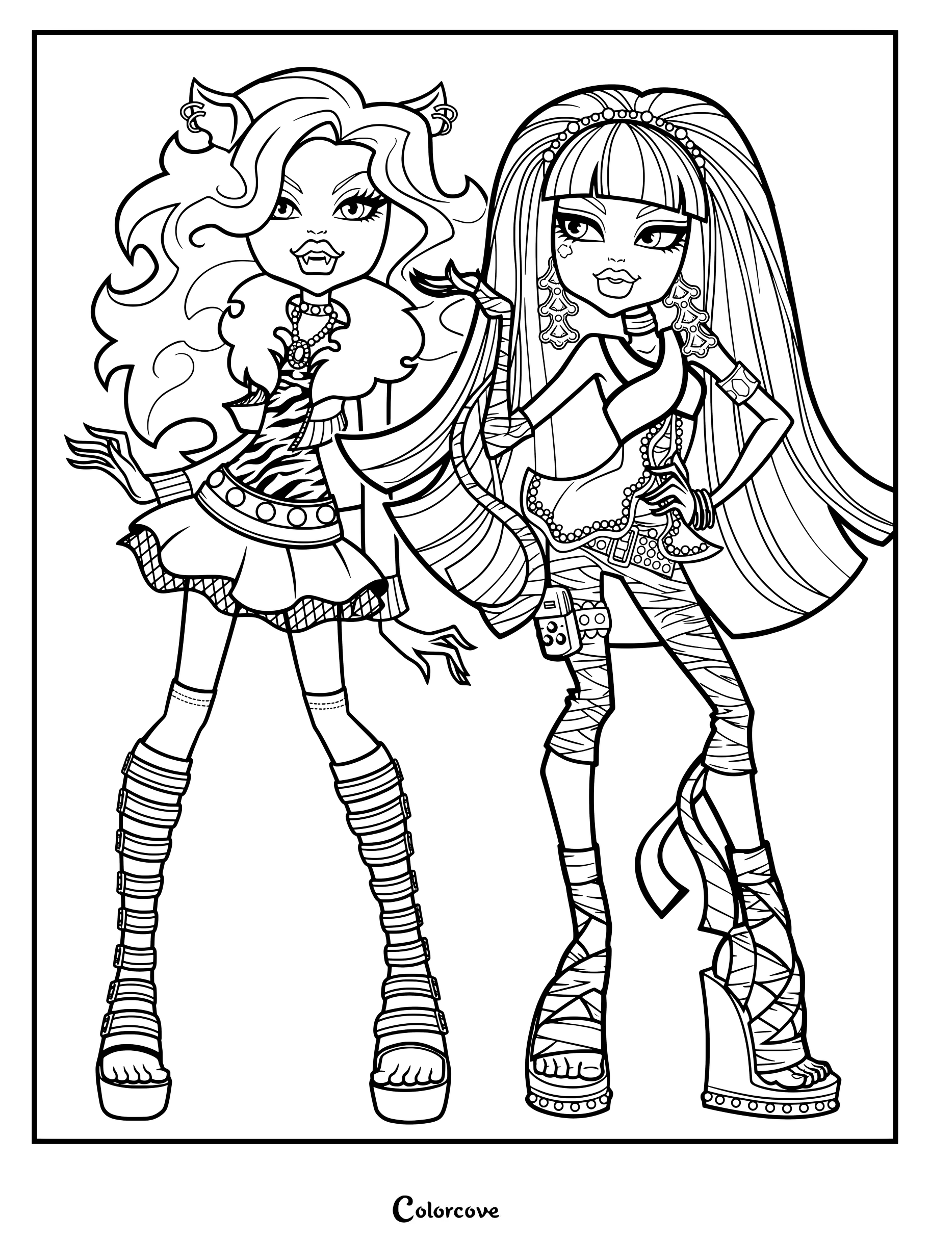 Página para colorear de Monster High con Clawdeen Wolf y Cleo de Nile de la generación original.
