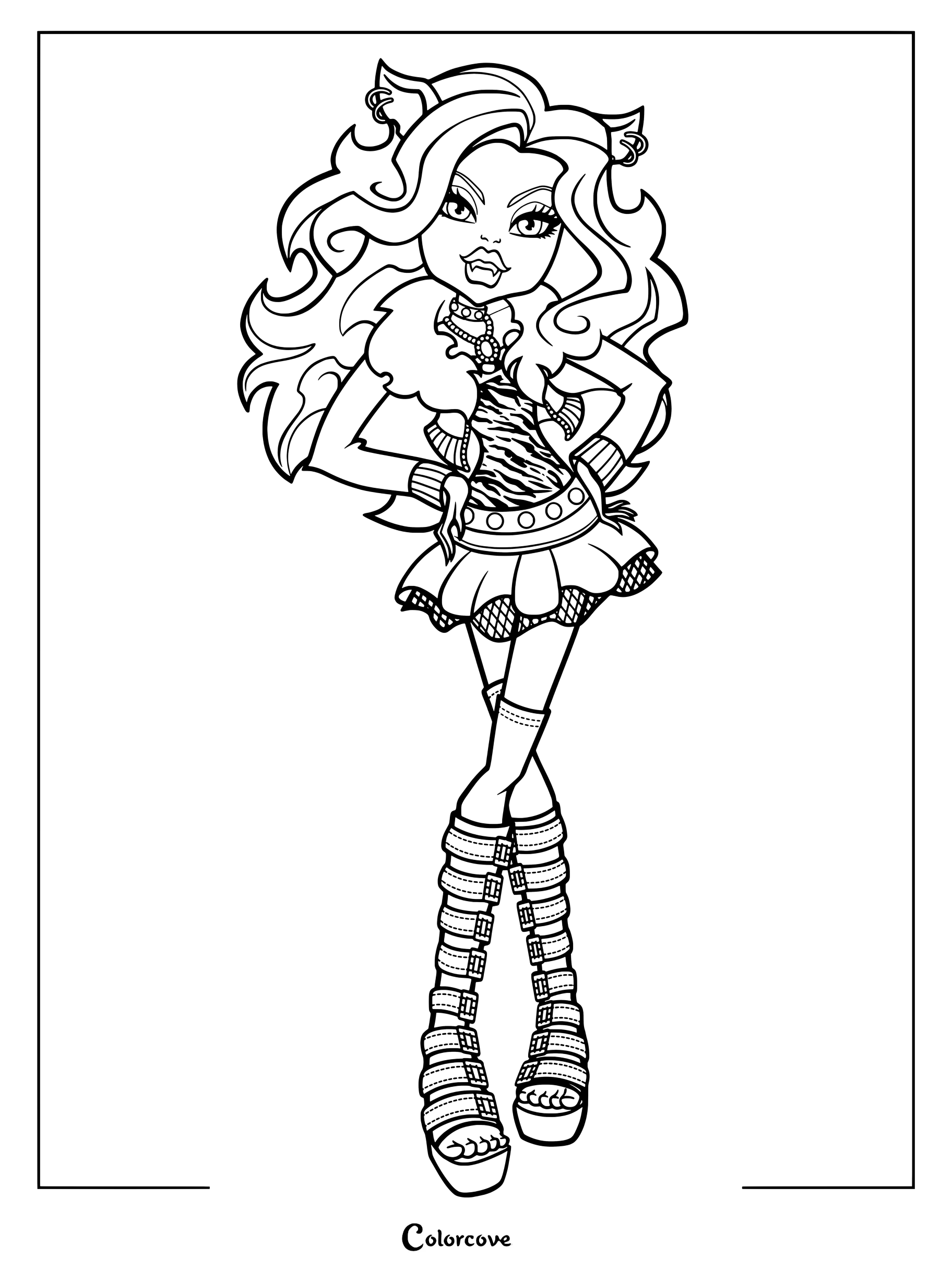 Página para colorear de Monster High con Clawdeen Wolf luciendo su conjunto característico.