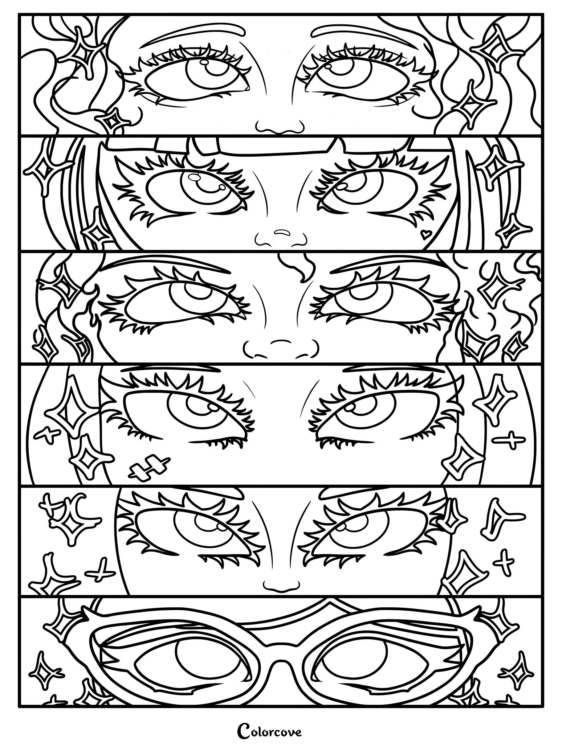 Página para colorear de arte digital con un collage de primeros planos de ojos de varios personajes de Monster High, incluidos Lagoona Blue, Draculaura, Clawdeen Wolf, Frankie Stein, Cleo de Nile y Abbey Bominable.