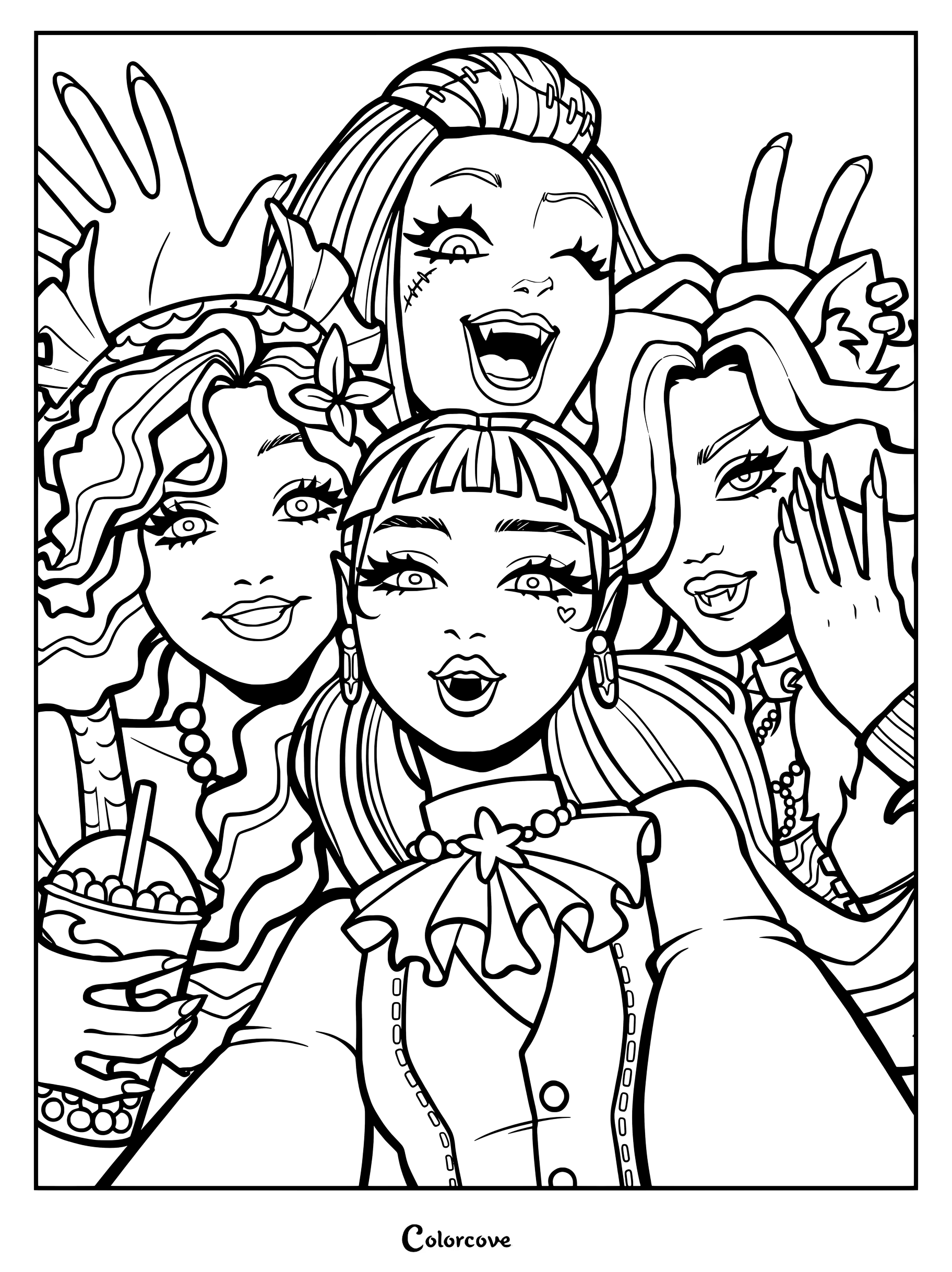 Página para colorear de Monster High con Draculaura tomándose un selfie, flanqueada por Lagoona Blue, Frankie Stein y Clawdeen Wolf