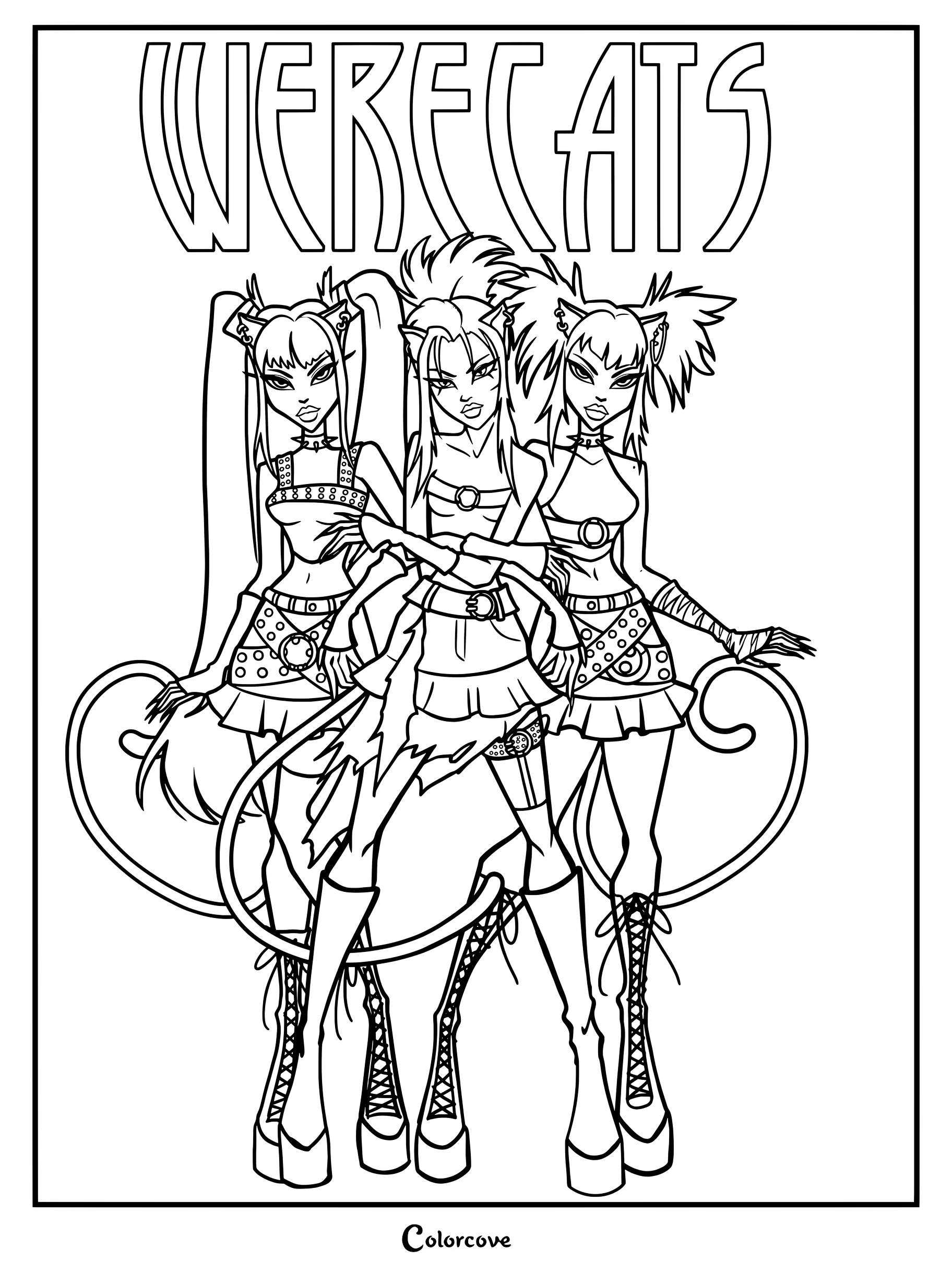 Página para colorear de Monster High con Toralei Stripe en el centro flanqueada por las hermanas gemelas Meowlody y Purrsephone.