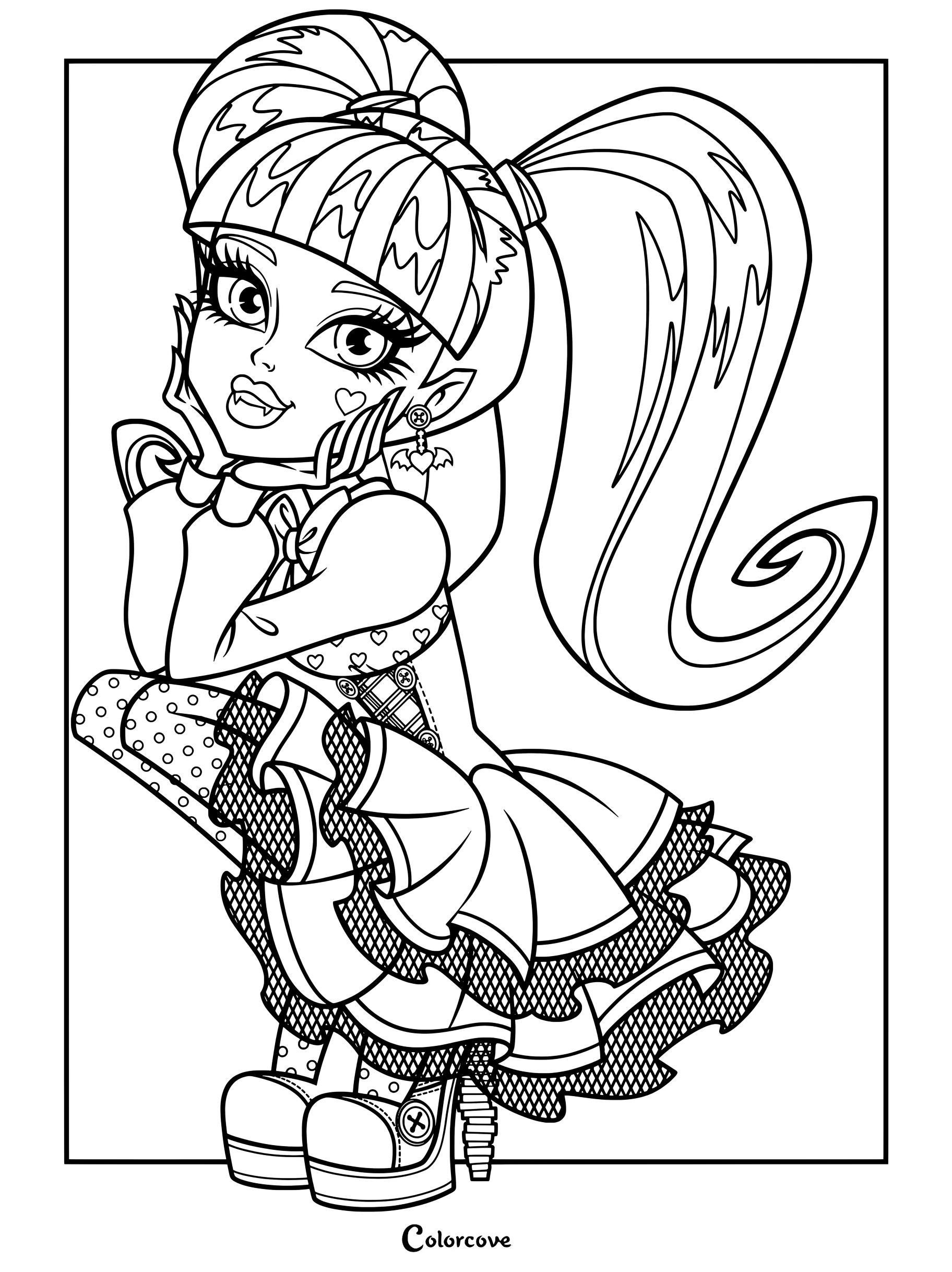 Página para colorear de Monster High con fan art de Draculaura luciendo su característico conjunto rosa y negro con una coleta alta.