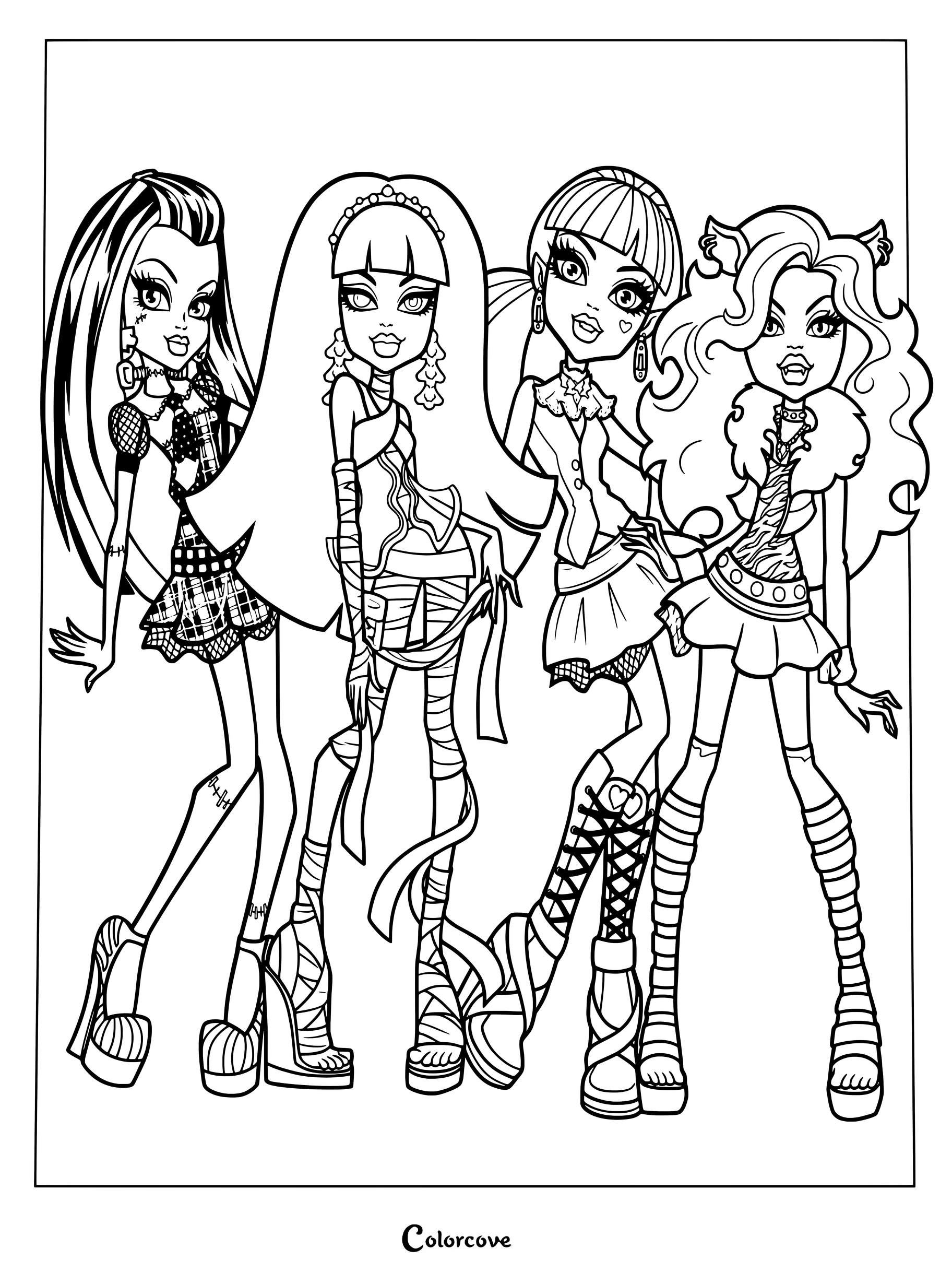 Página para colorear de Monster High con los personajes originales de la Generación 1: Frankie Stein, Cleo de Nile, Draculaura y Clawdeen Wolf.