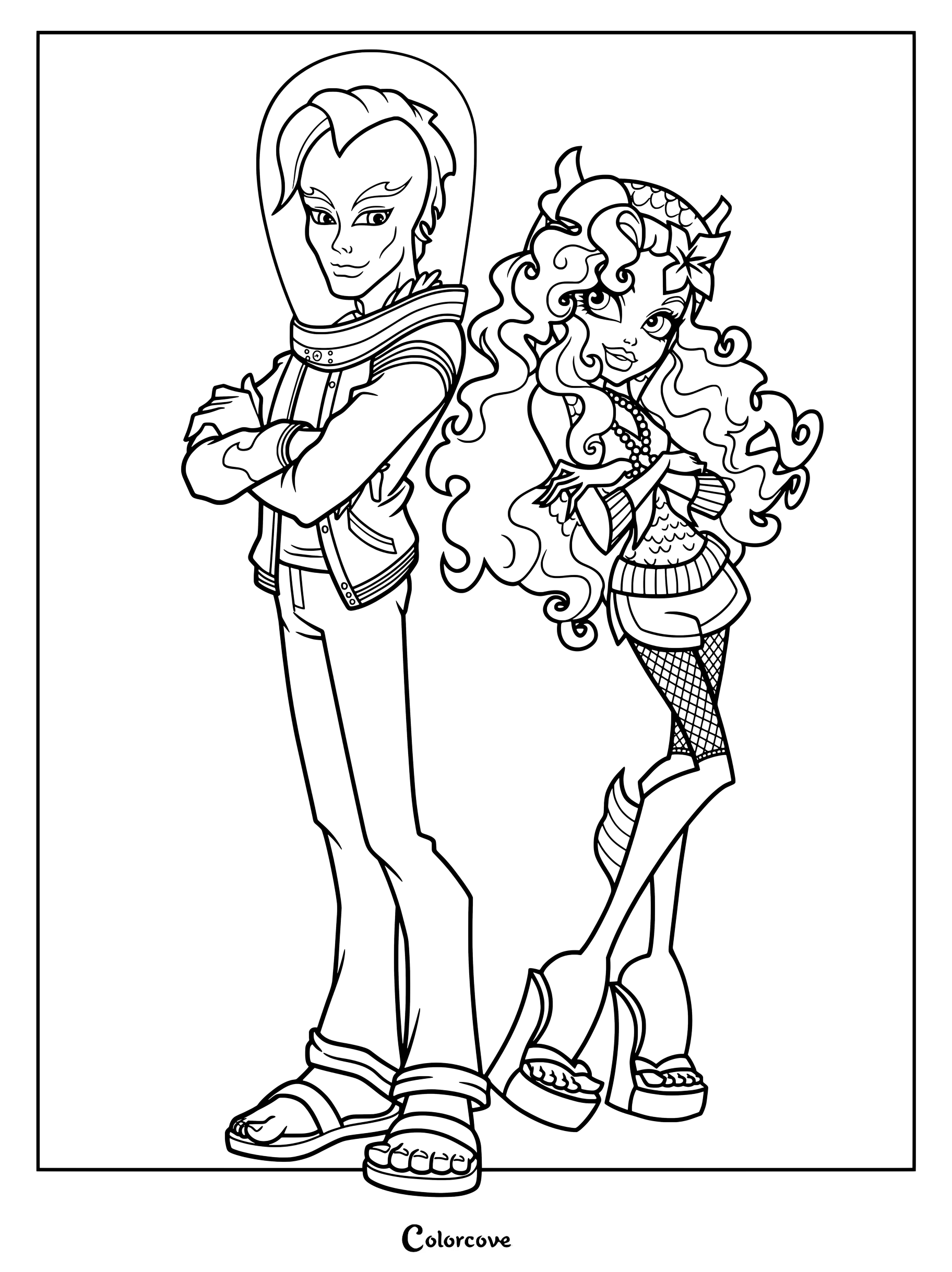 Página para colorear de Lagoona Blue y Gillington Gil Webber de Monster High.