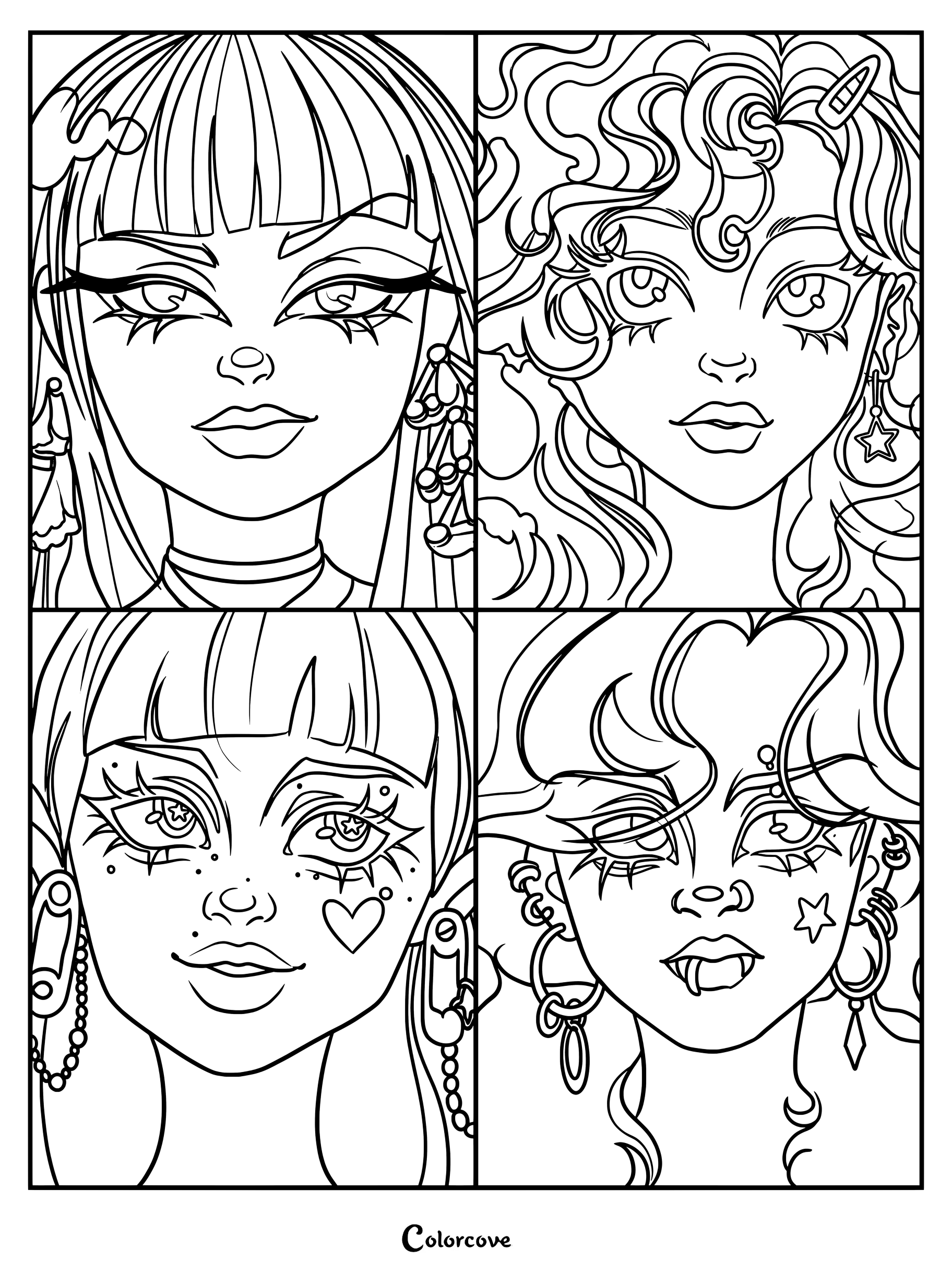 Página para colorear de Monster High con retratos digitales estilizados de Cleo de Nile, Lagoona Blue, Draculaura y Clawdeen Wolf.