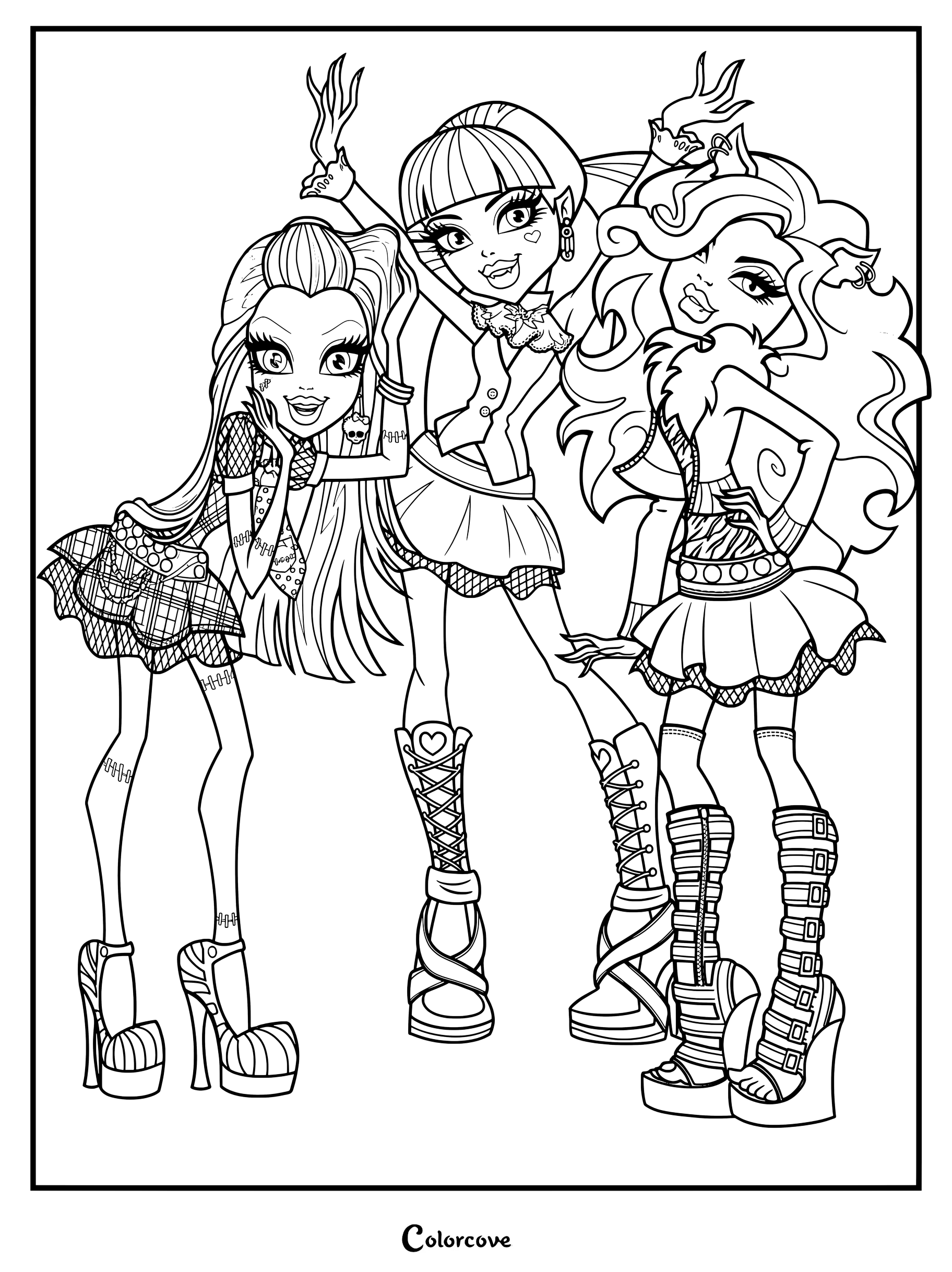 Página para colorear de Monster High con Frankie Stein a la izquierda, Draculaura en el centro y Clawdeen Wolf a la derecha.