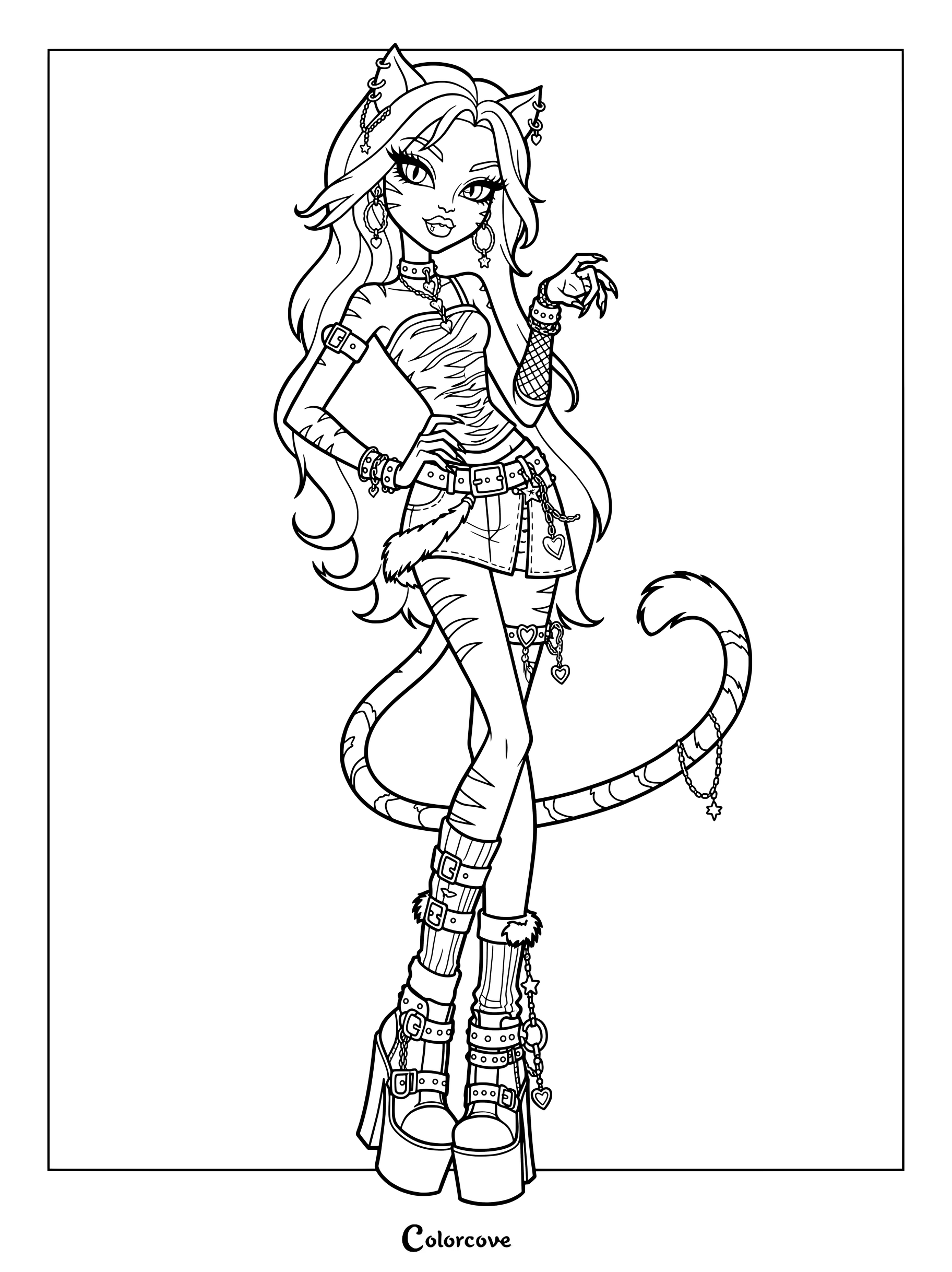 Dibujo para colorear de Monster High con Toralei Stripe en su estilo artístico de la Generación 3, sus característicos rasgos de felina y un atuendo elegante.