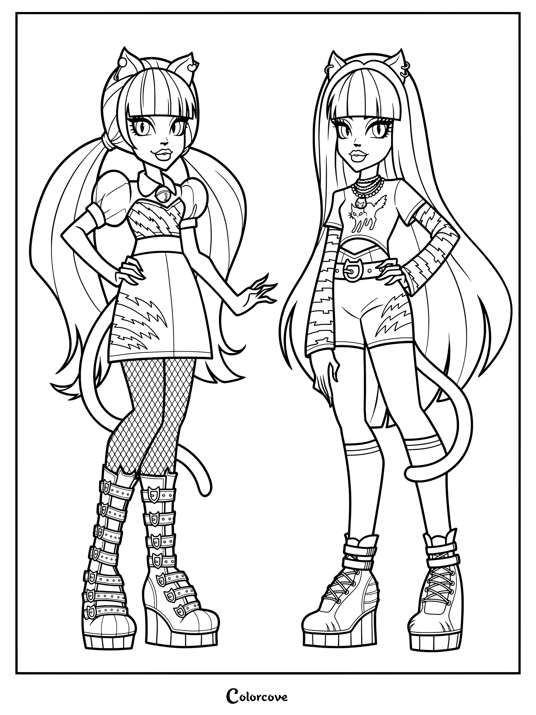 Página para colorear de Monster High con fan art de las gemelas felinas, Meowlody y Purrsephone