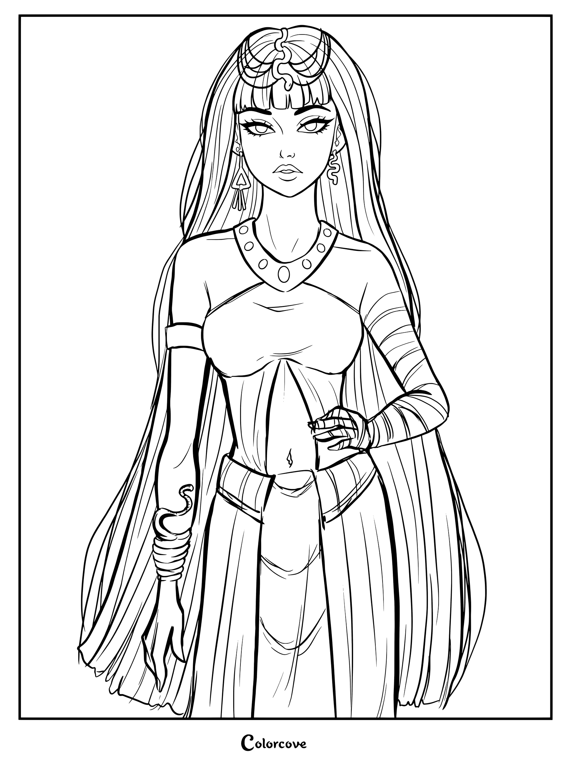 Dibujo para colorear de Cleo de Nile de Monster High con un atuendo de inspiración egipcia, cabello largo y accesorios.