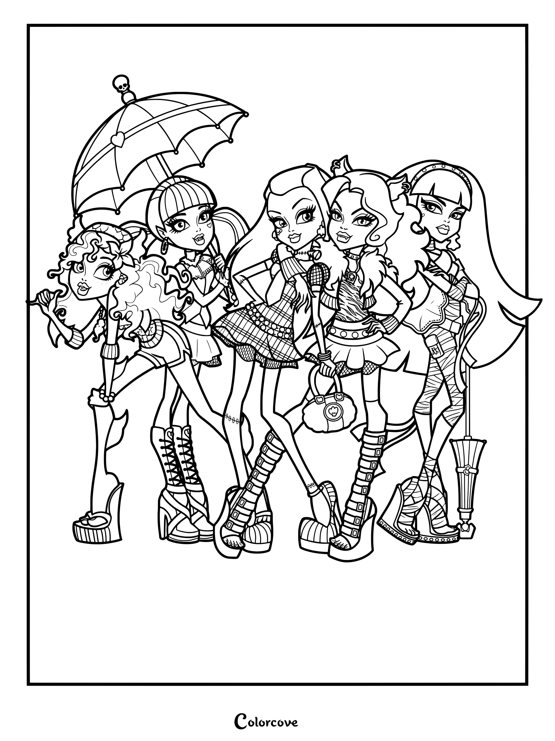Página para colorear de los personajes principales de la primera generación de Monster High.