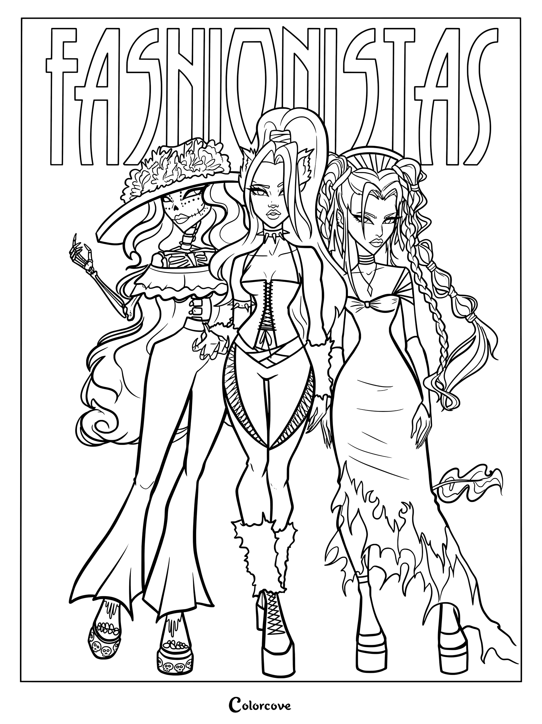 Página para colorear de Monster High con un elegante fan art de tres personajes rediseñados con atuendos a la moda.