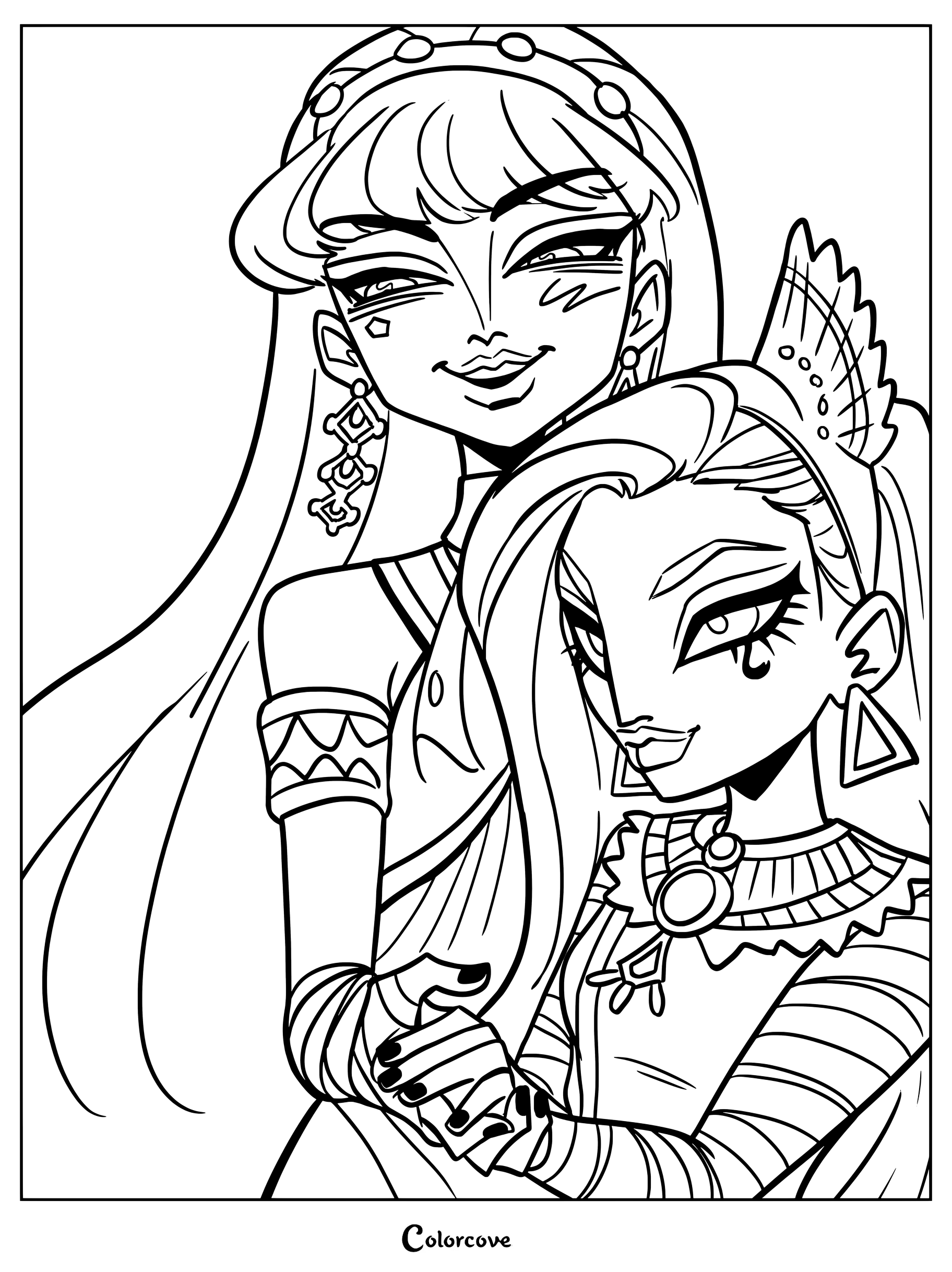 Página para colorear de Monster High con una ilustración de fan art de las hermanas reales Cleo de Nile y Nefera de Nile