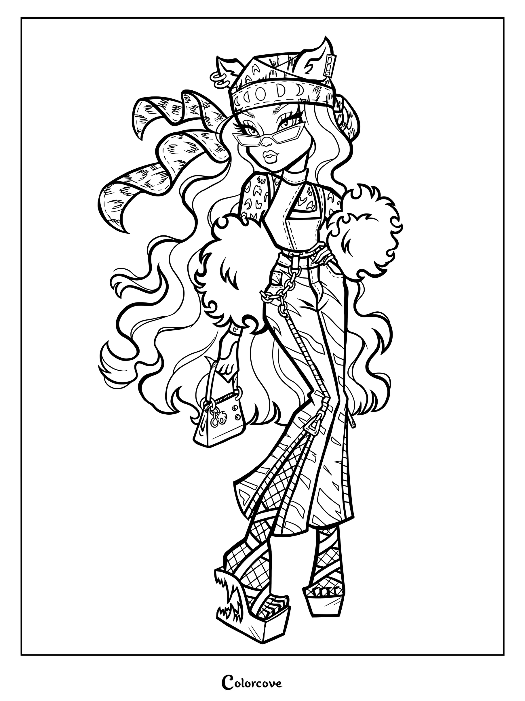 Página para colorear con ilustración estilizada de fan art de Clawdeen Wolf de Monster High con un conjunto moderno y gafas de sol.