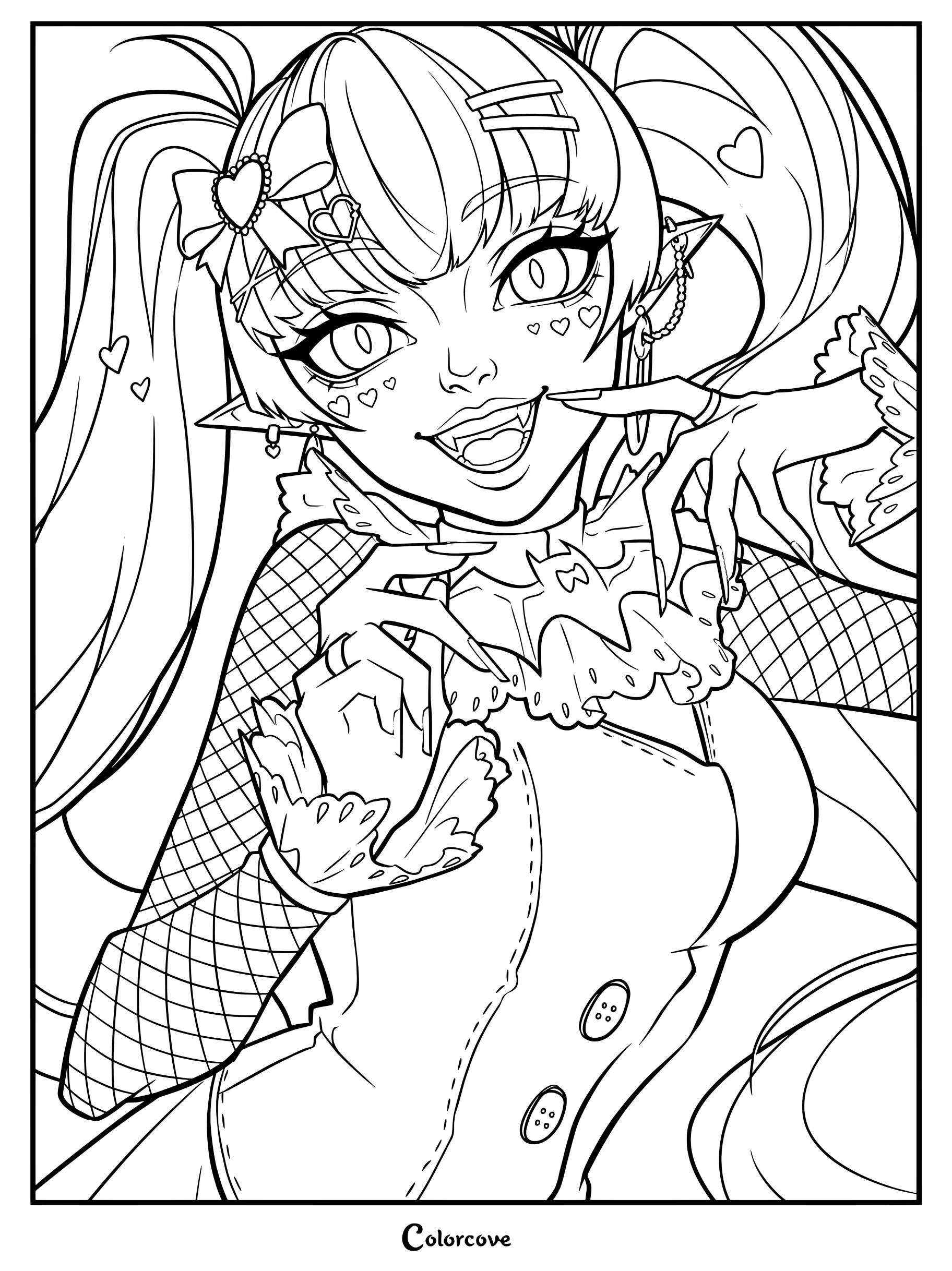 Página para colorear de fan art al estilo anime de Draculaura de Monster High
