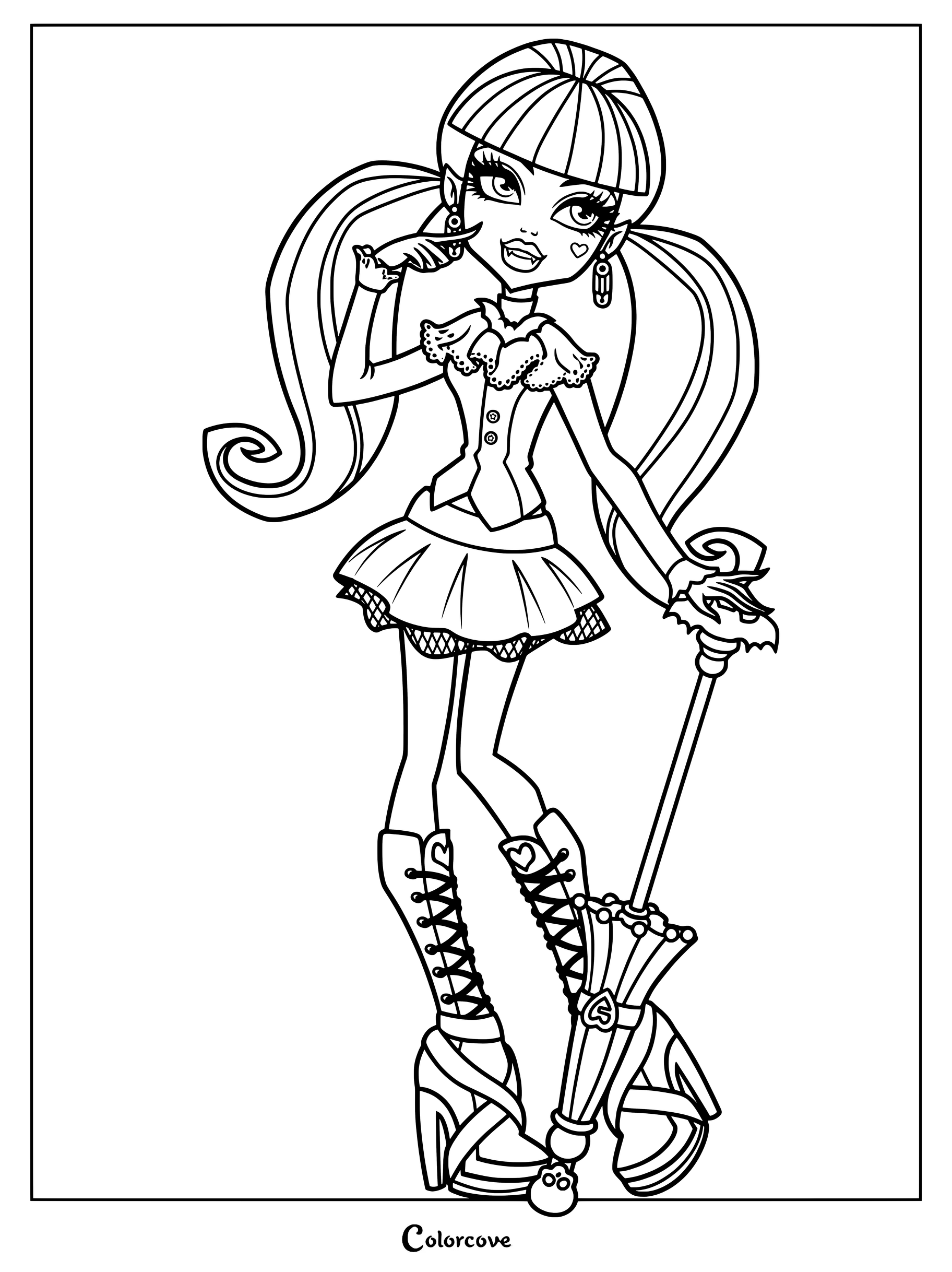 Página para colorear de Monster High con Draculaura usando su conjunto clásico característico de la Generación 1 y sosteniendo una sombrilla.