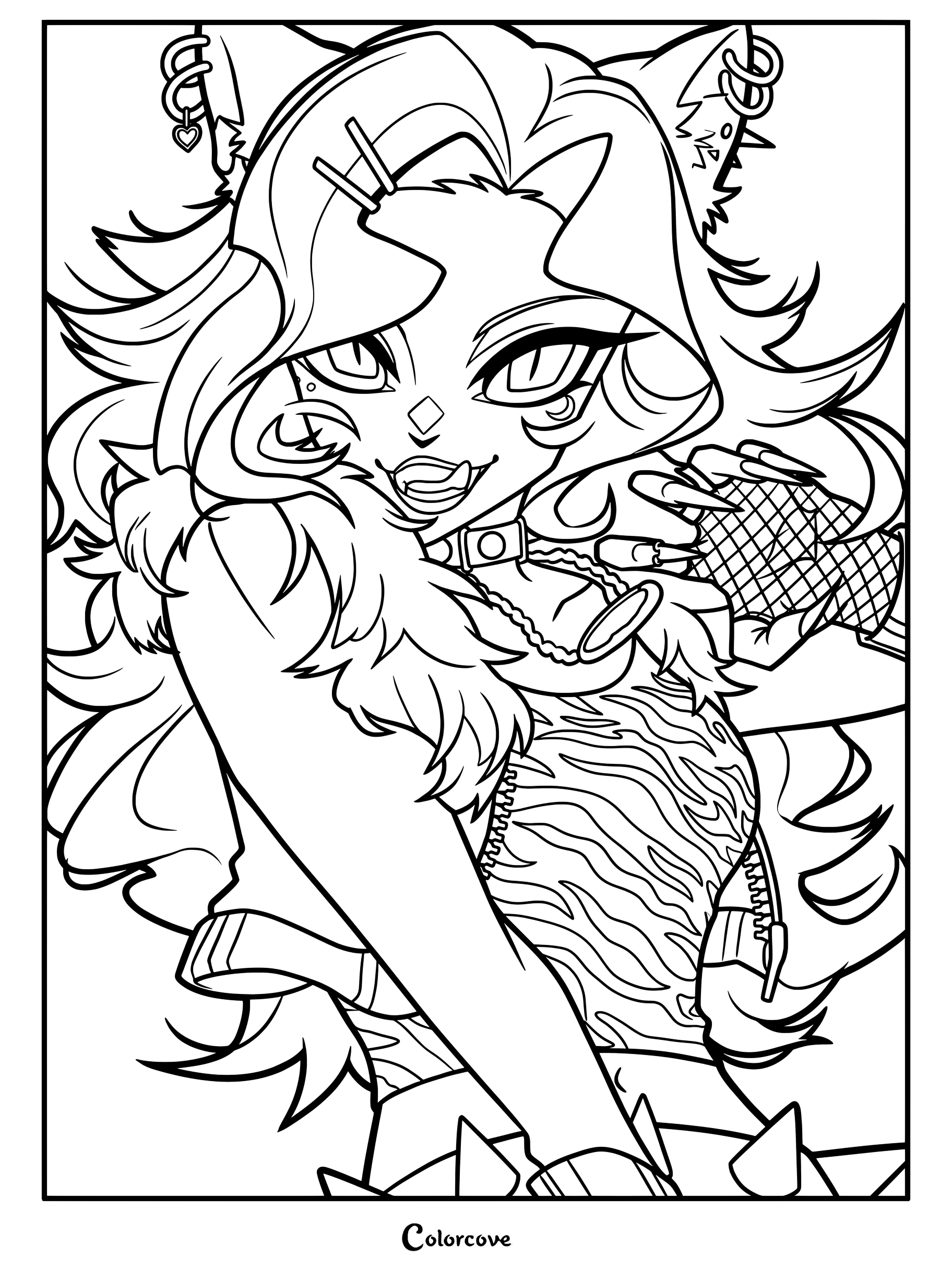 Página para colorear de fan art digital vibrante de Clawdeen Wolf de Monster High.