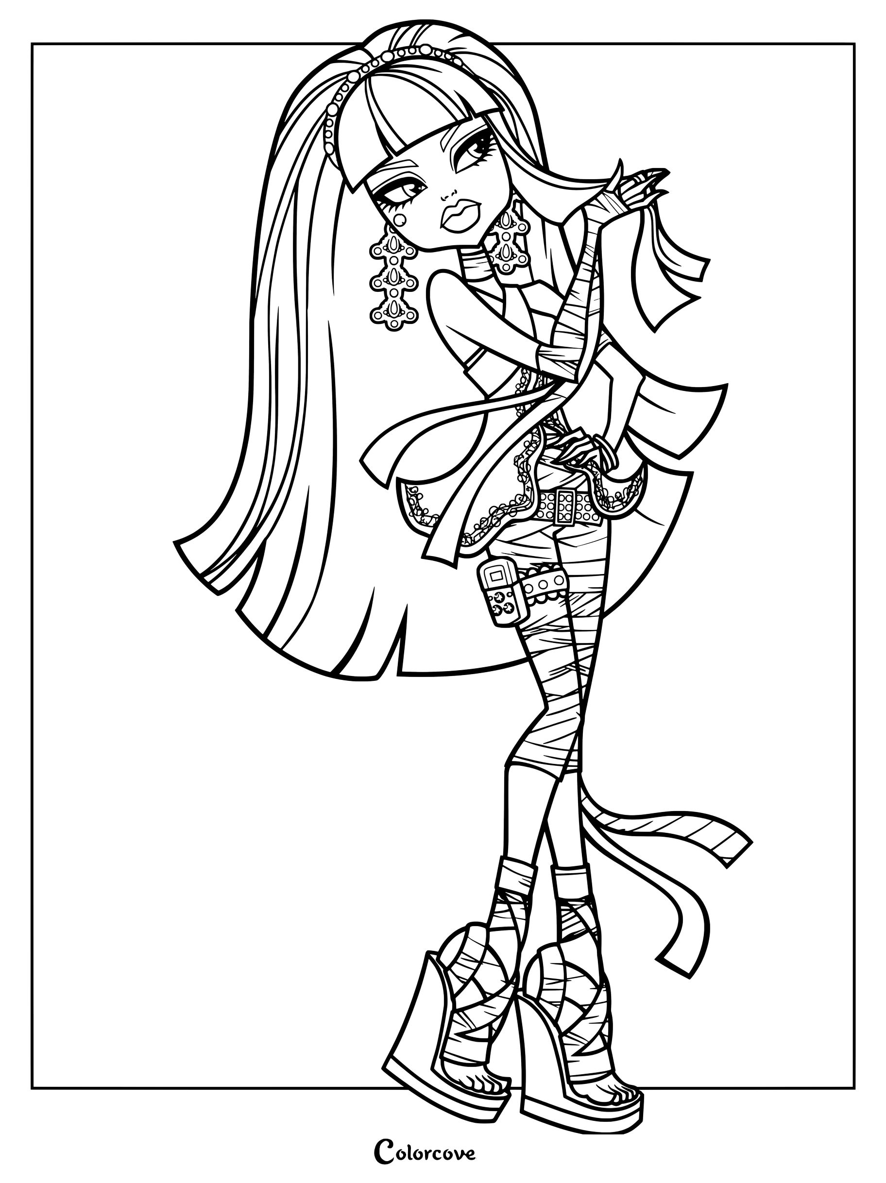 Página para colorear de Cleo de Nile de Monster High con su característico atuendo vendado y accesorios.
