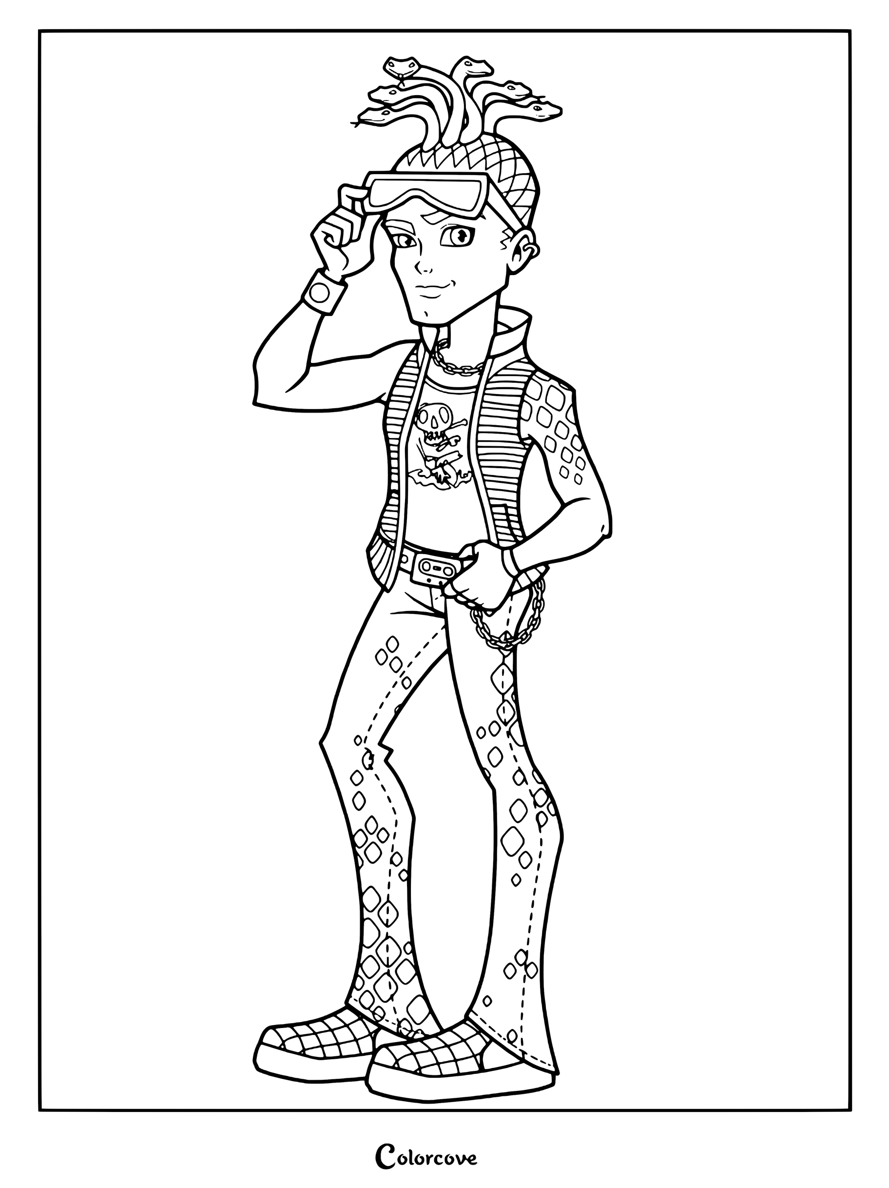 Dibujo para colorear de Deuce Gorgon de Monster High con gafas de sol y pantalones con escamas.