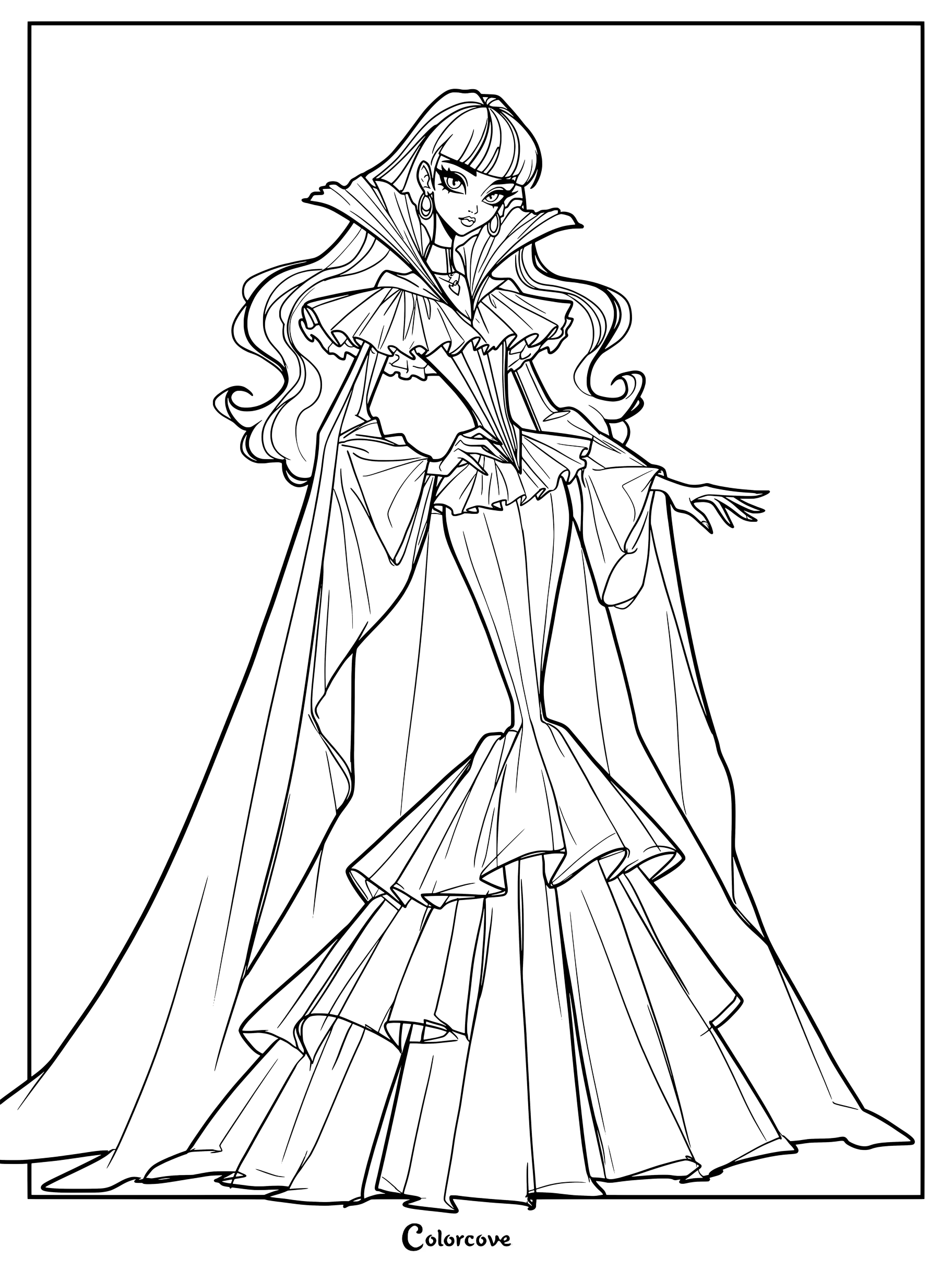 Página para colorear de Draculaura de Monster High estilizada como una portada de revista Vogue de alta costura