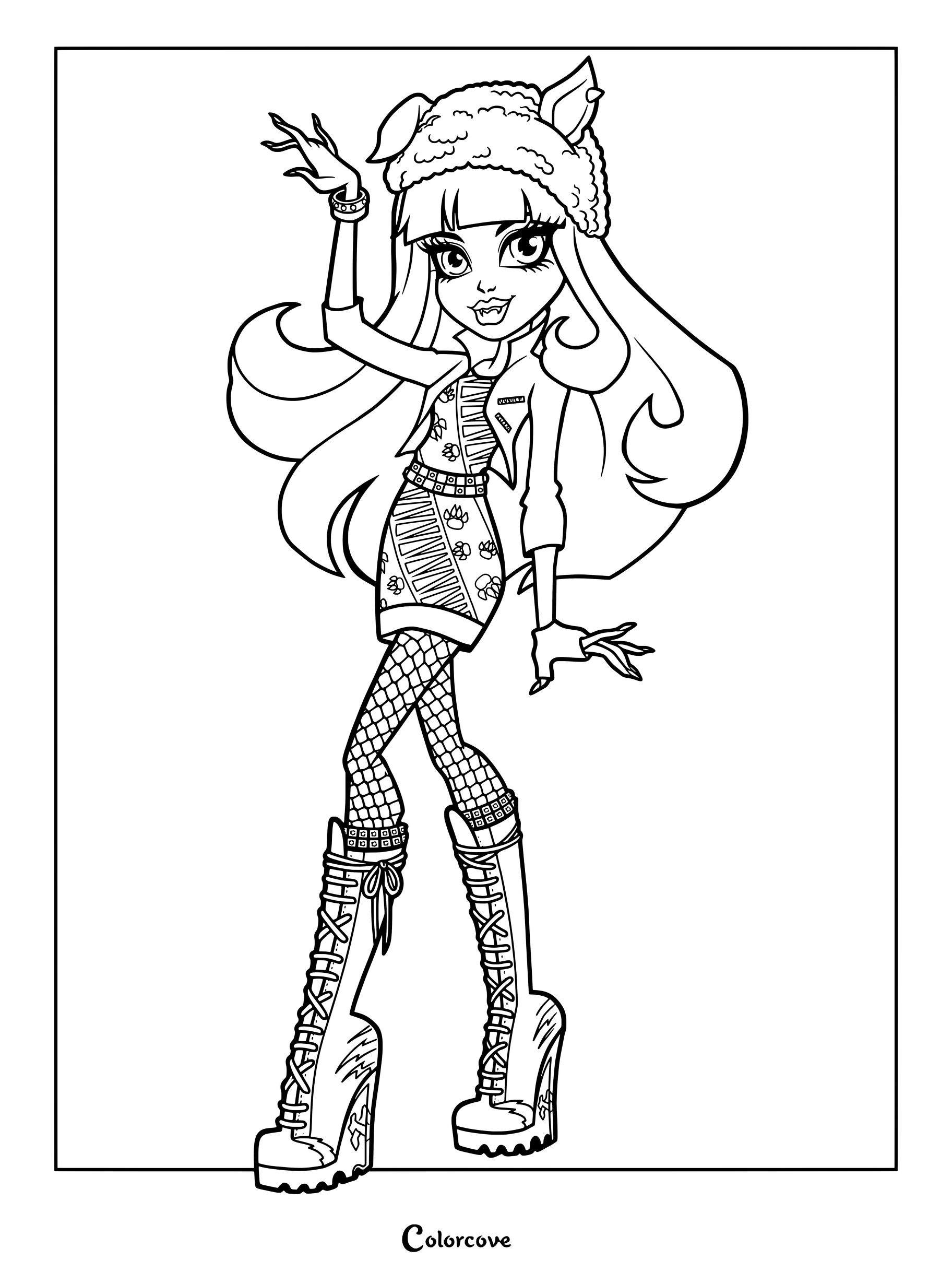 Página para colorear de Howleen Wolf de Monster High con gorro peludo y botas