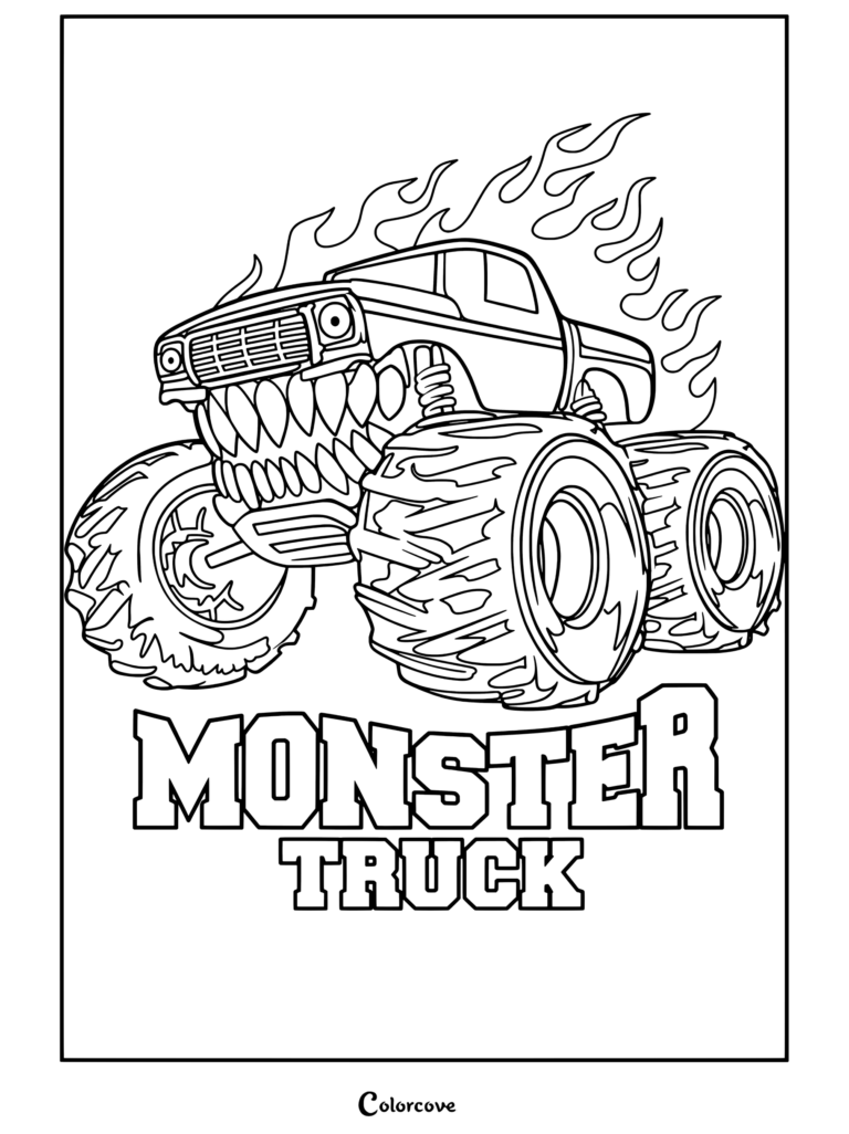 Coloriage d'un Monster Truck bleu au style agressif, avec des dents acérées, de grandes roues et un décor de flammes.