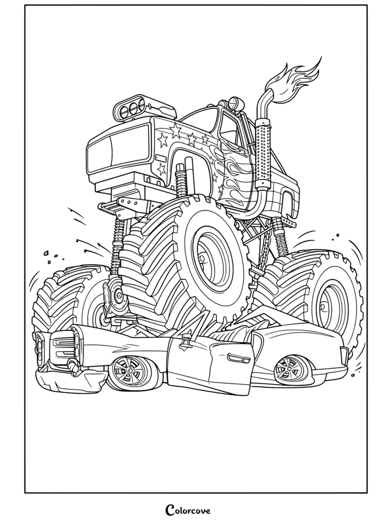 Coloriage d'un Monster Truck écrasant des voitures avec des flammes jaillissant de l'échappement.