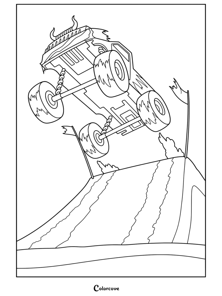 Coloriage à imprimer d'un spectacle de Monster Truck sautant avec de grandes roues colorées style cartoon de jeu vidéo.