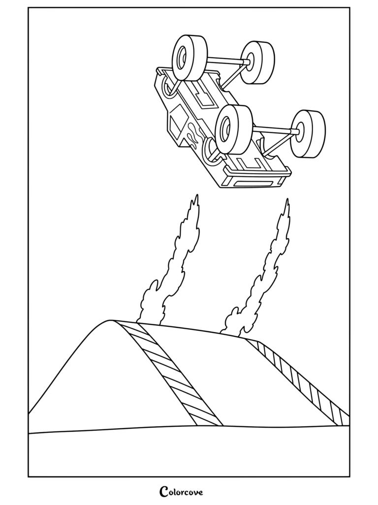 Coloriage à imprimer d'un Monster Truck faisant un looping dans les airs après avoir décollé d'une rampe de terre avec de la fumée d'échappement.