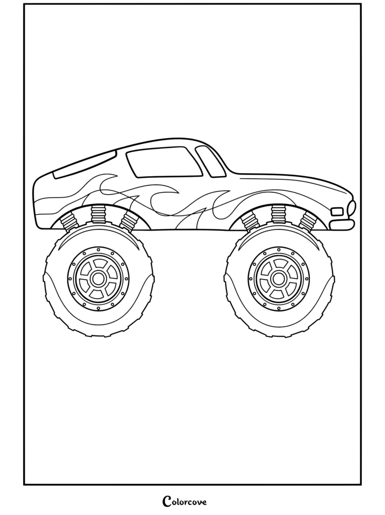Coloriage clipart d'un Monster Truck reprenant la silhouette d'une voiture de sport parée de flammes.