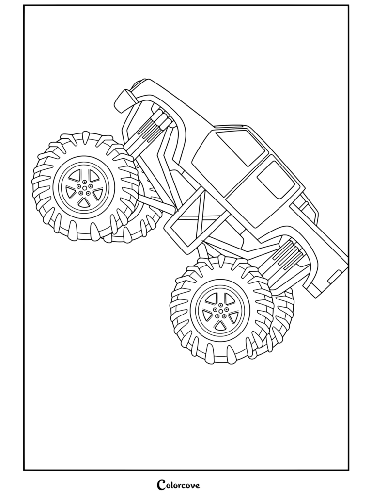 Coloriage vectoriel d'un Monster Truck réalisant un saut spectaculaire en plein vol.