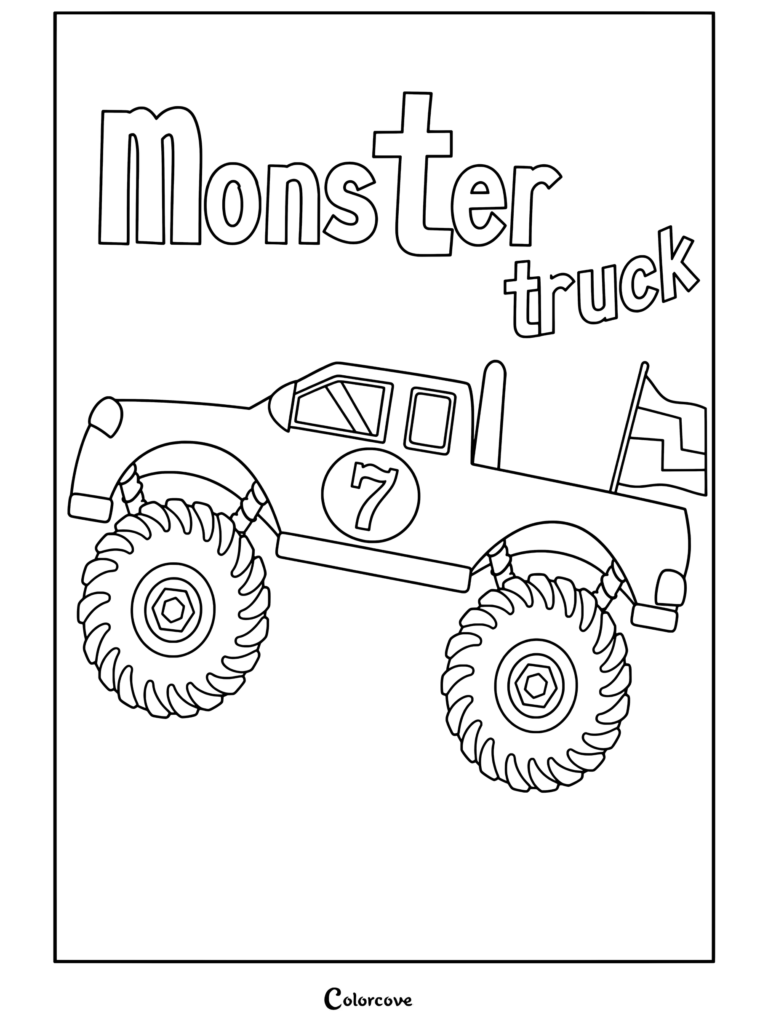 Coloriage d'art vectoriel d'un grand Monster Truck portant le numéro 7 et arborant un drapeau.