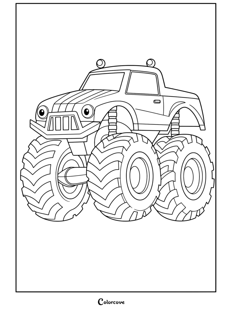 Coloriage d'un Monster Truck rigolo orange et jaune avec de grands yeux et de gros pneus.