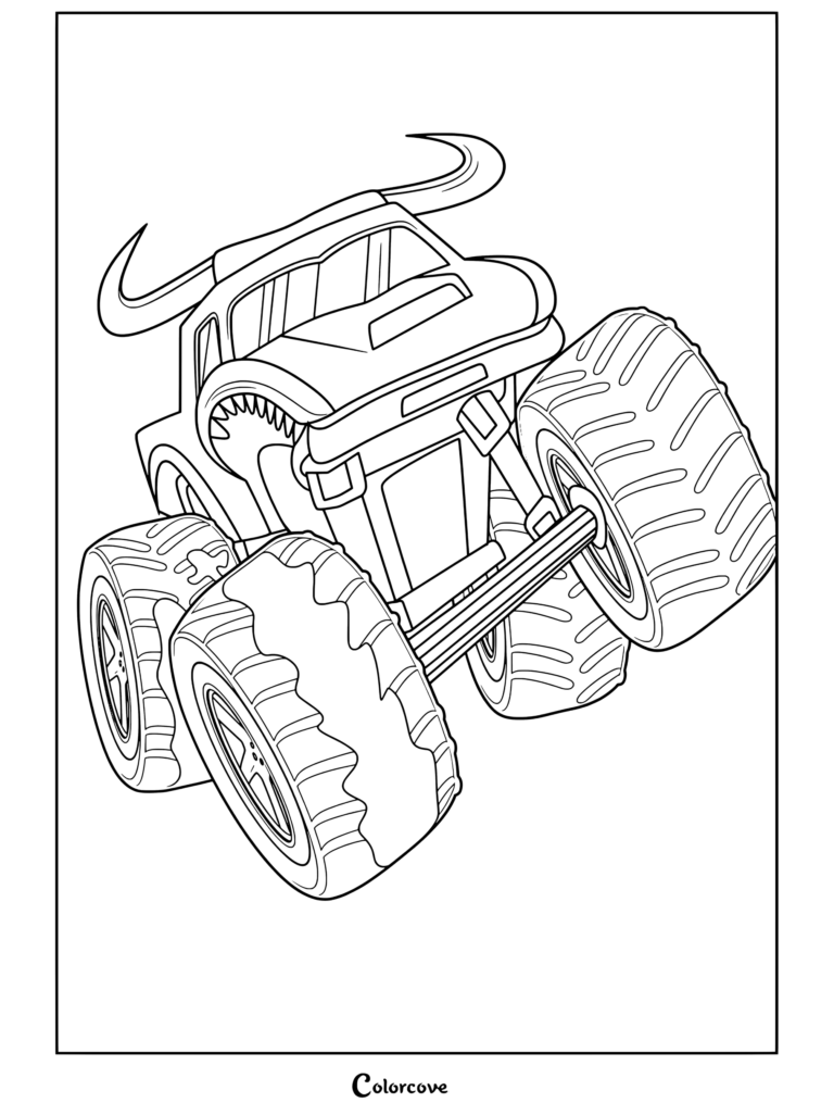 Coloriage détaillé d'un Monster Truck orange sur le thème du taureau, avec des cornes et une calandre en dents de requin, réalisant une roue arrière.