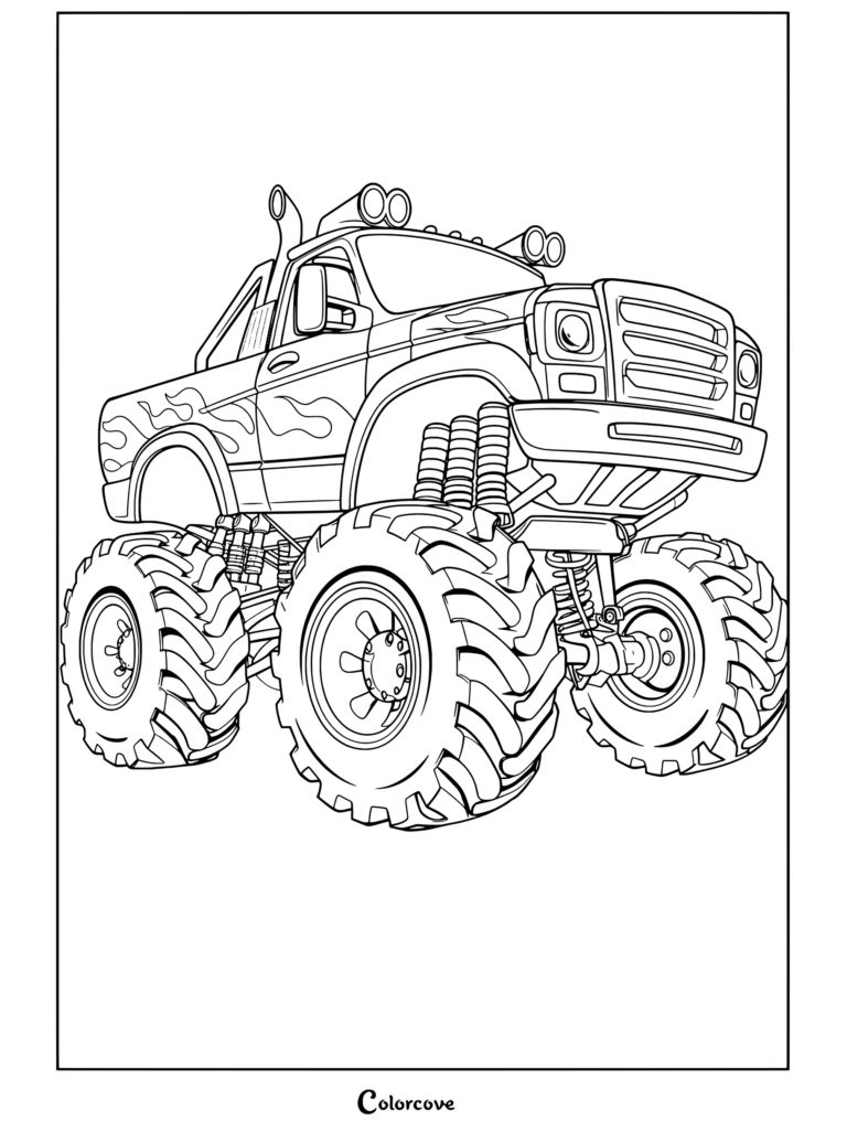 Coloriage à imprimer d'un Monster Truck orange avec des flammes et d'immenses pneus tout-terrain boueux.