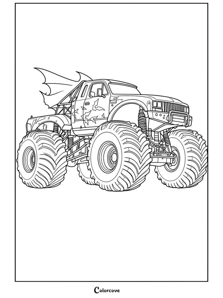 Coloriage d'un Monster Truck noir inspiré de Batman, avec des ailes de chauve-souris et des motifs jaunes.