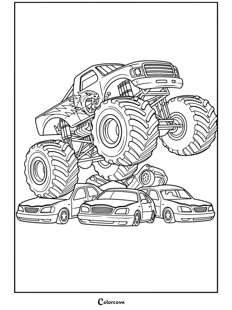 Coloriage de Monster Truck montrant un Monster Truck écrasant des voitures lors d'un spectacle de cascades.