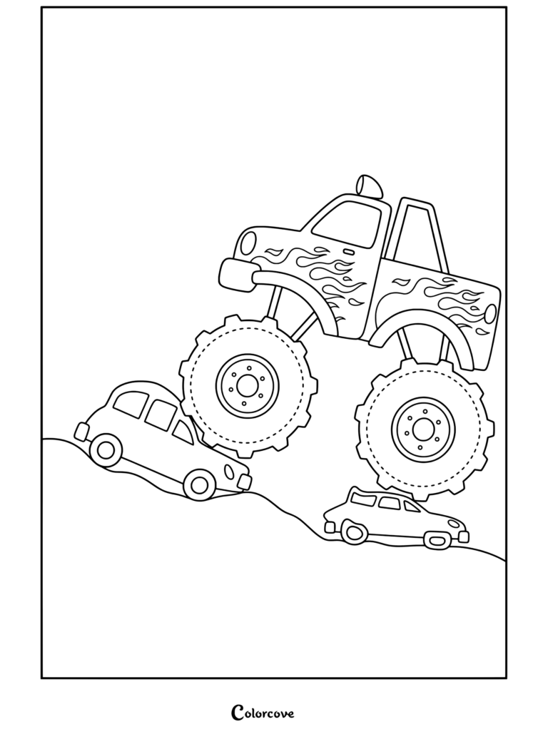 Coloriage à imprimer d'un Monster Truck rouge et bleu écrasant des voitures jaunes et bleues sur une piste de terre.