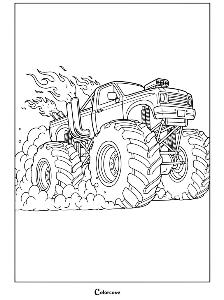 Coloriage d'un Monster Truck rouge et orange crachant des flammes par ses pots d'échappement en plein burnout dans la fumée.