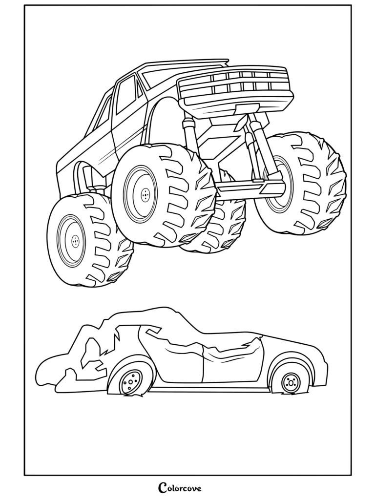 Coloriage gratuit à imprimer d'un Monster Truck rouge sautant par-dessus une voiture, style vectoriel.